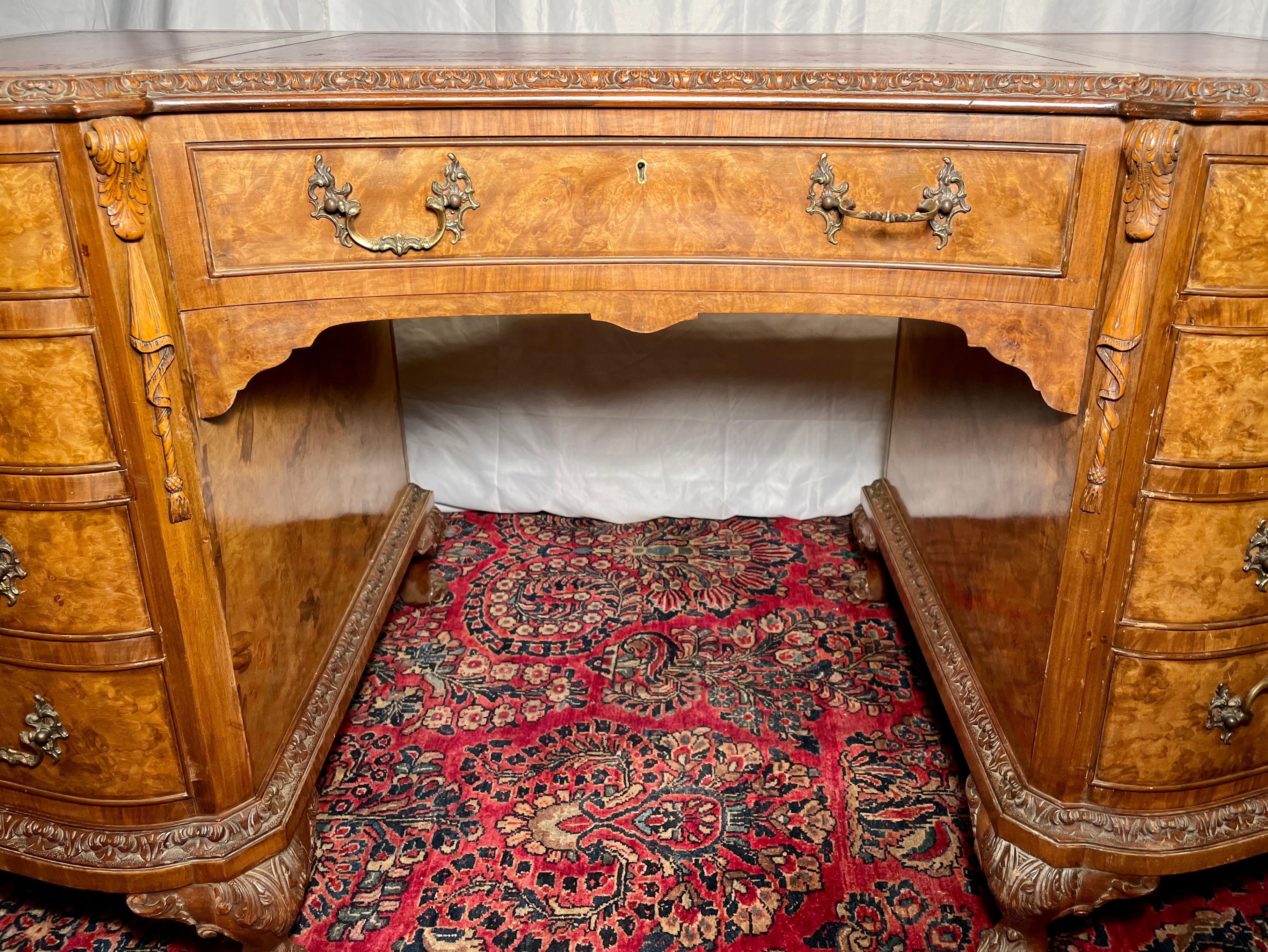 Antique English Burled Walnut Leather Top Desk, circa 1900 For Sale 2