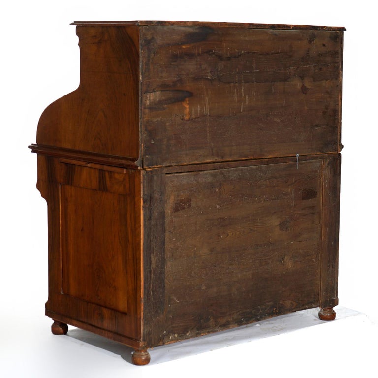 Antique English Burled Walnut and Mahogany Ladies Roll Top Desk Circa