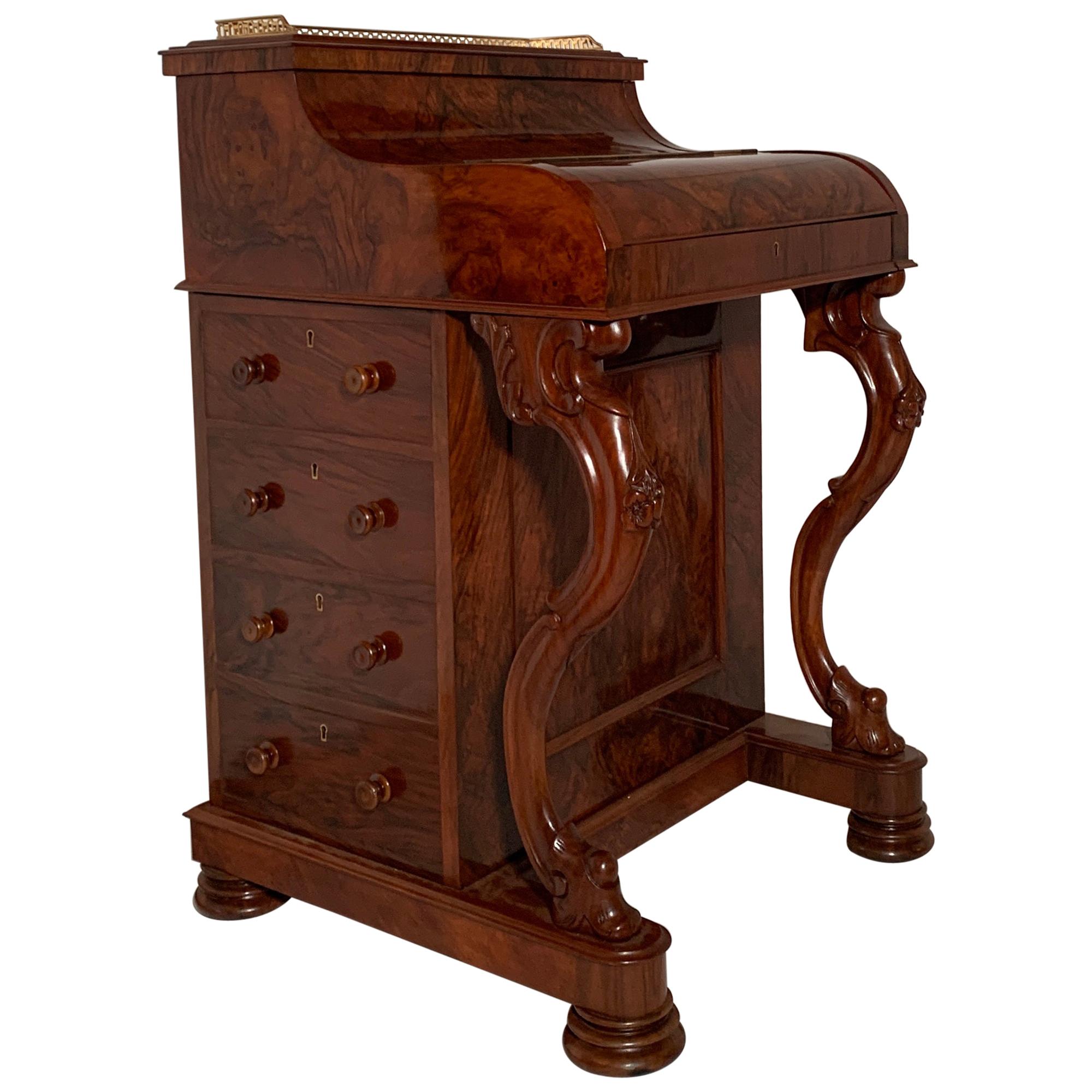 Antique English Burled Walnut Mechanical Davenport Desk, circa 1870