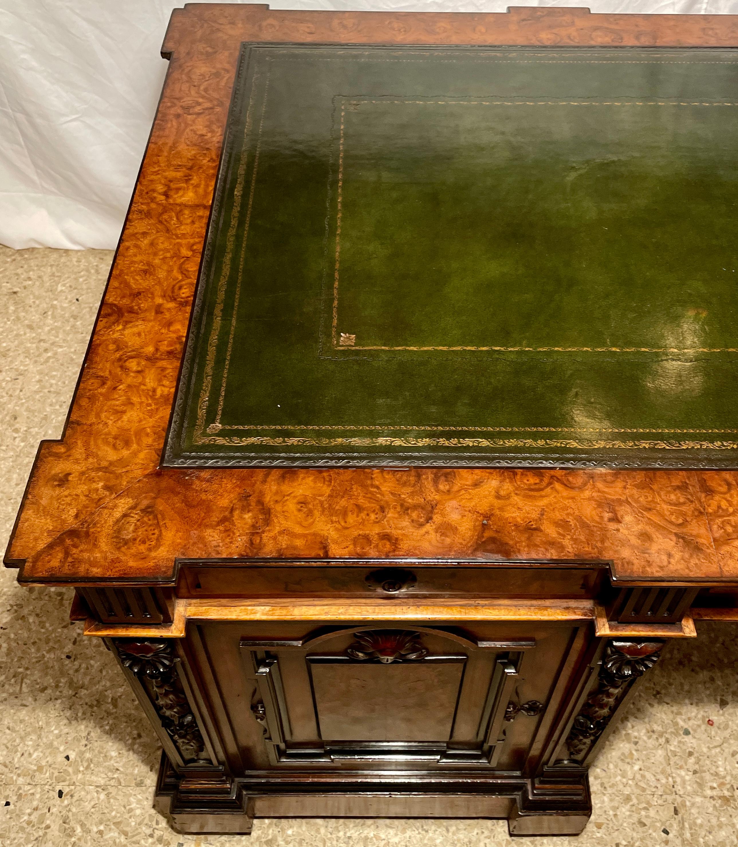 Antique English Burled Walnut Partner's Desk with Leather Top, Circa 1900. In Good Condition In New Orleans, LA