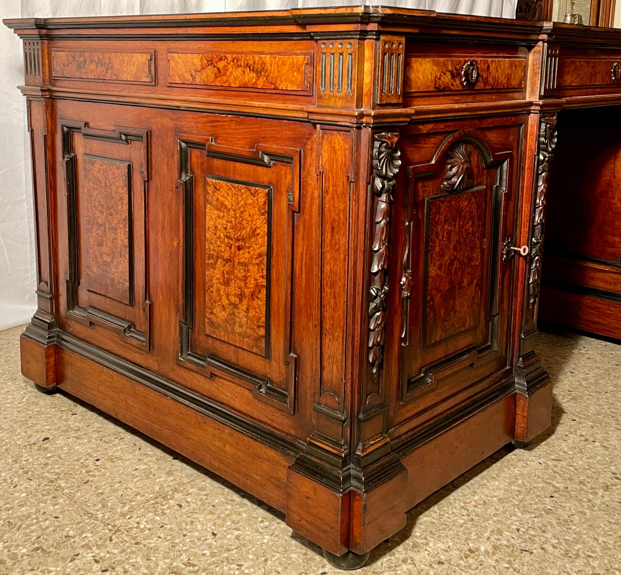 Antique English Burled Walnut Partner's Desk with Leather Top, Circa 1900. 1