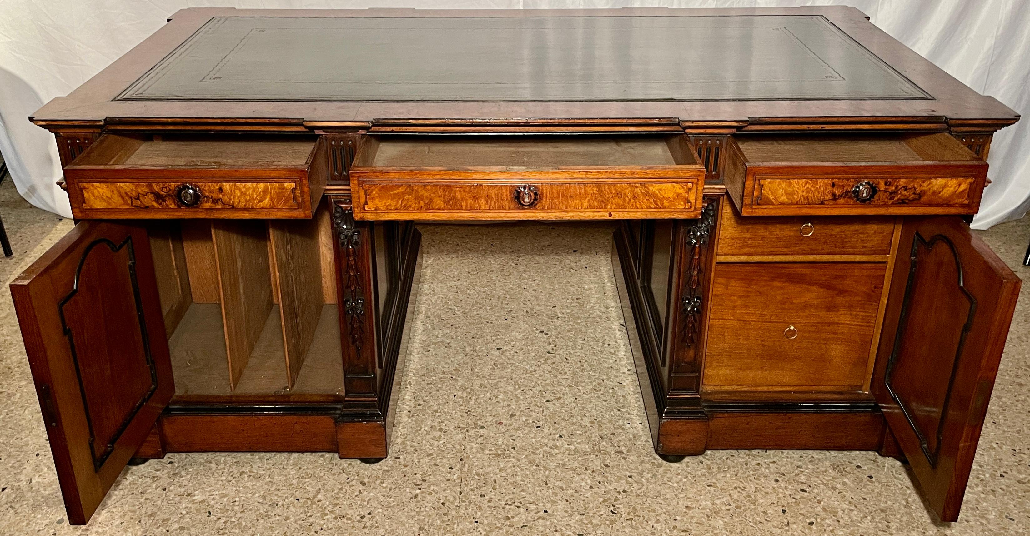 Antique English Burled Walnut Partner's Desk with Leather Top, Circa 1900. 2