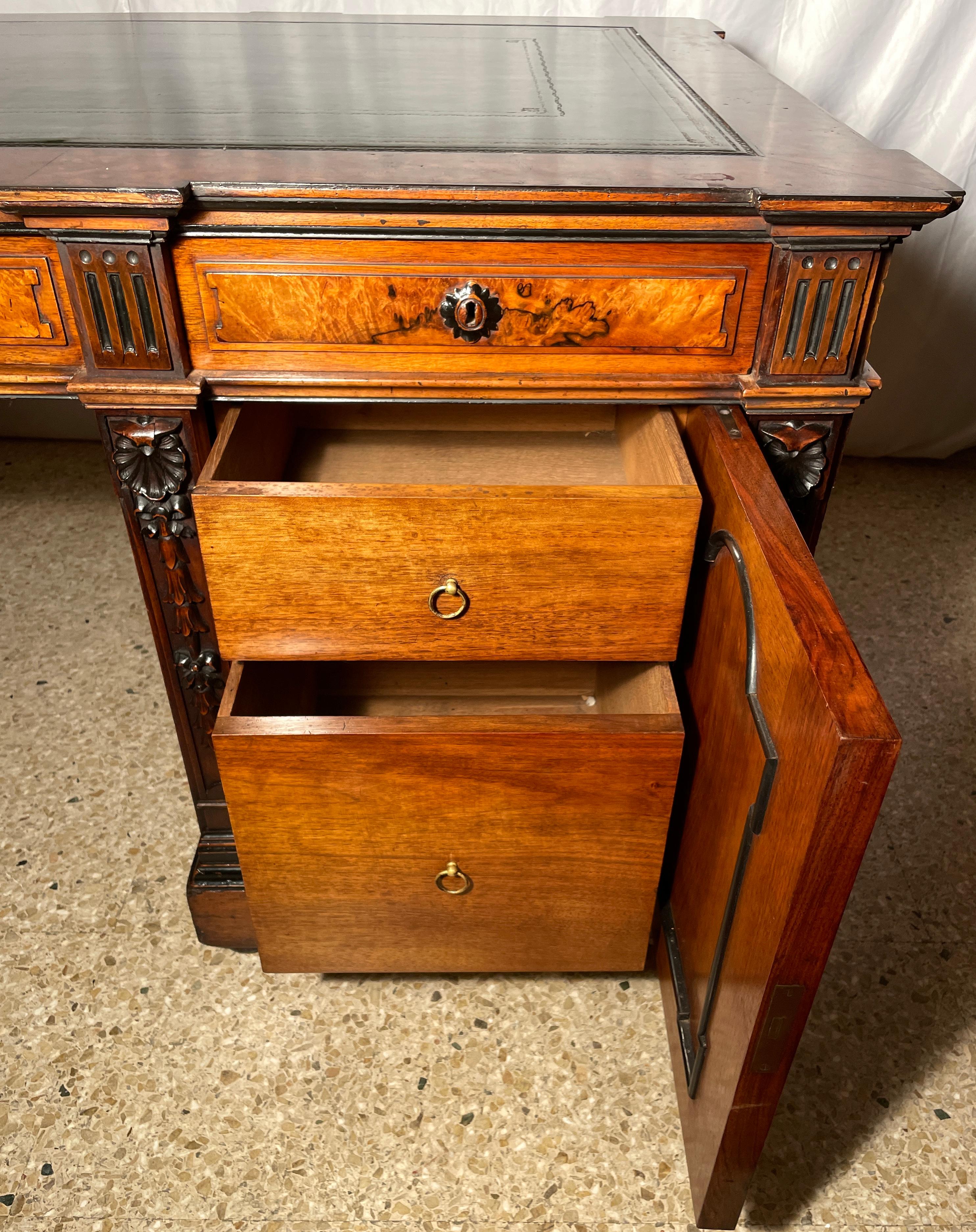 Antique English Burled Walnut Partner's Desk with Leather Top, Circa 1900. 3