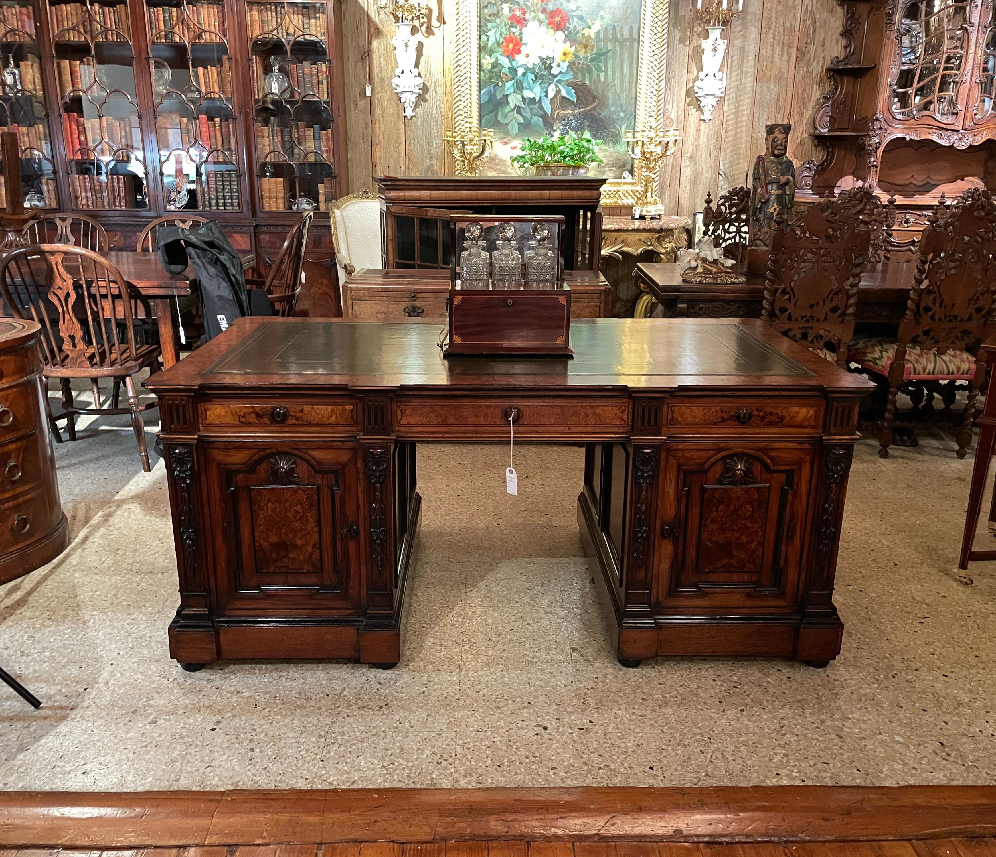 Antique English Burled Walnut Partner's Desk with Leather Top, Circa 1900. 5
