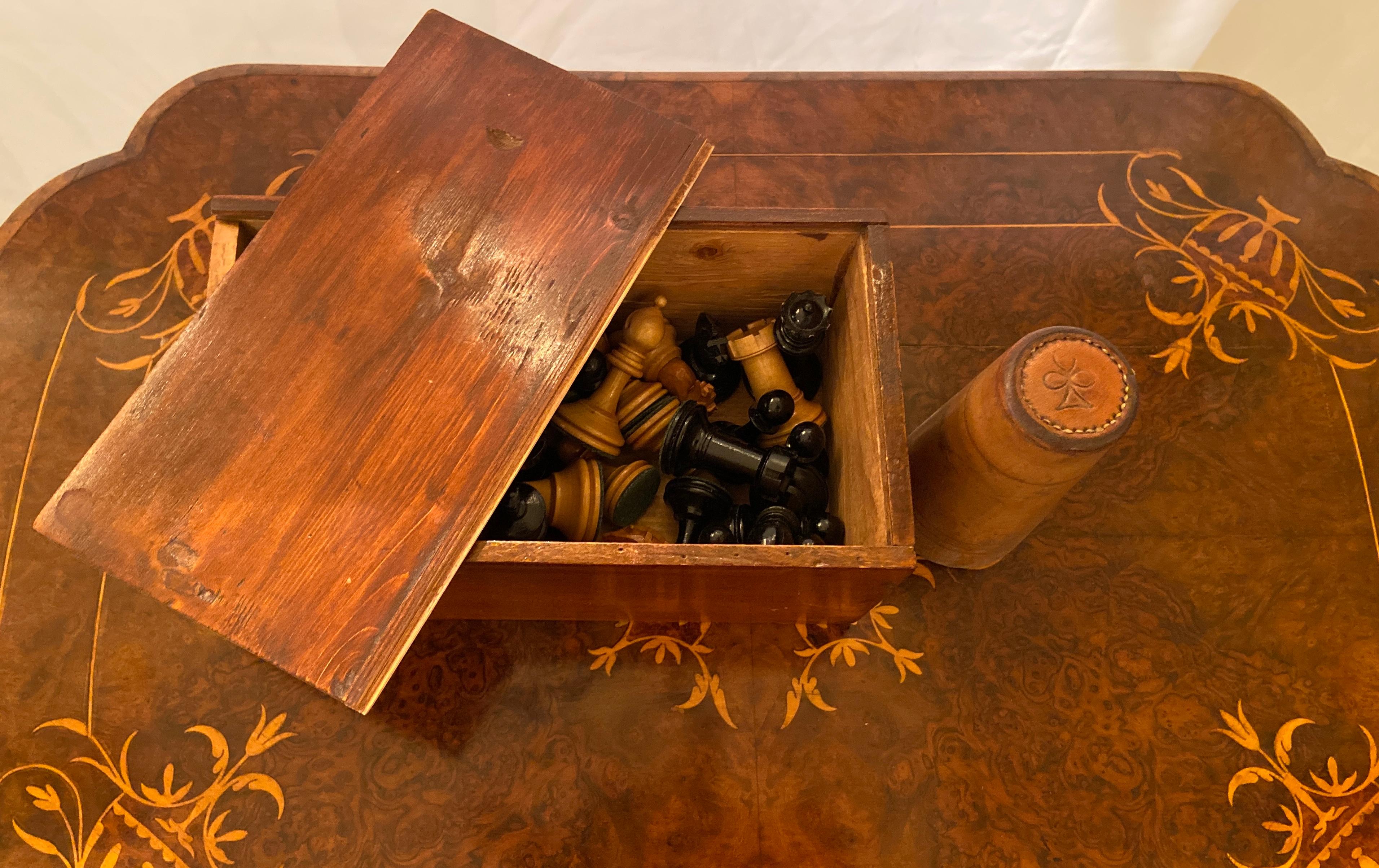 Antique English Burled Walnut Satinwood Inlaid Games Table, Circa 1865-1885 6