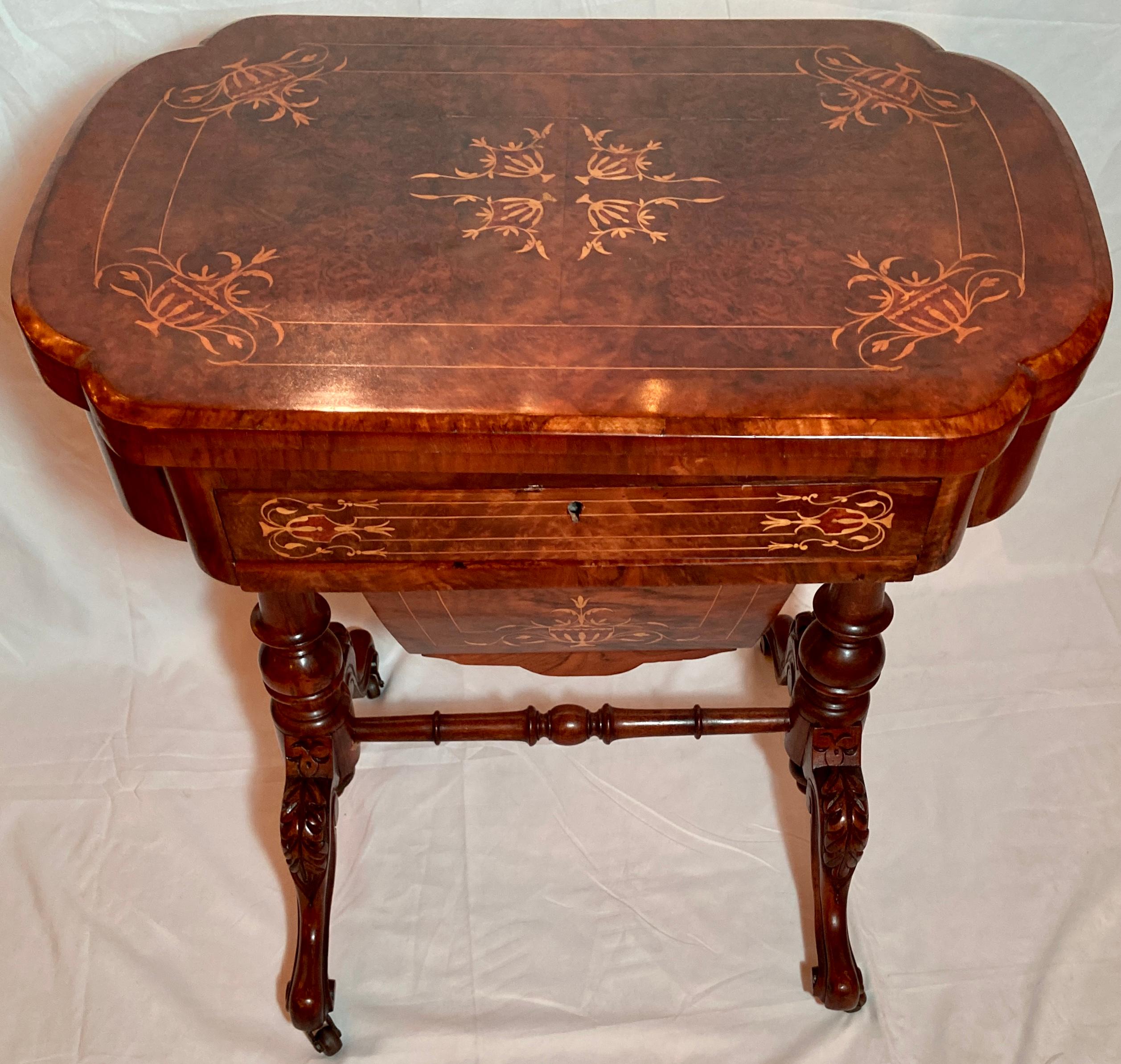 Antique English superb quality burled walnut satinwood inlaid games table, circa 1865-1885.