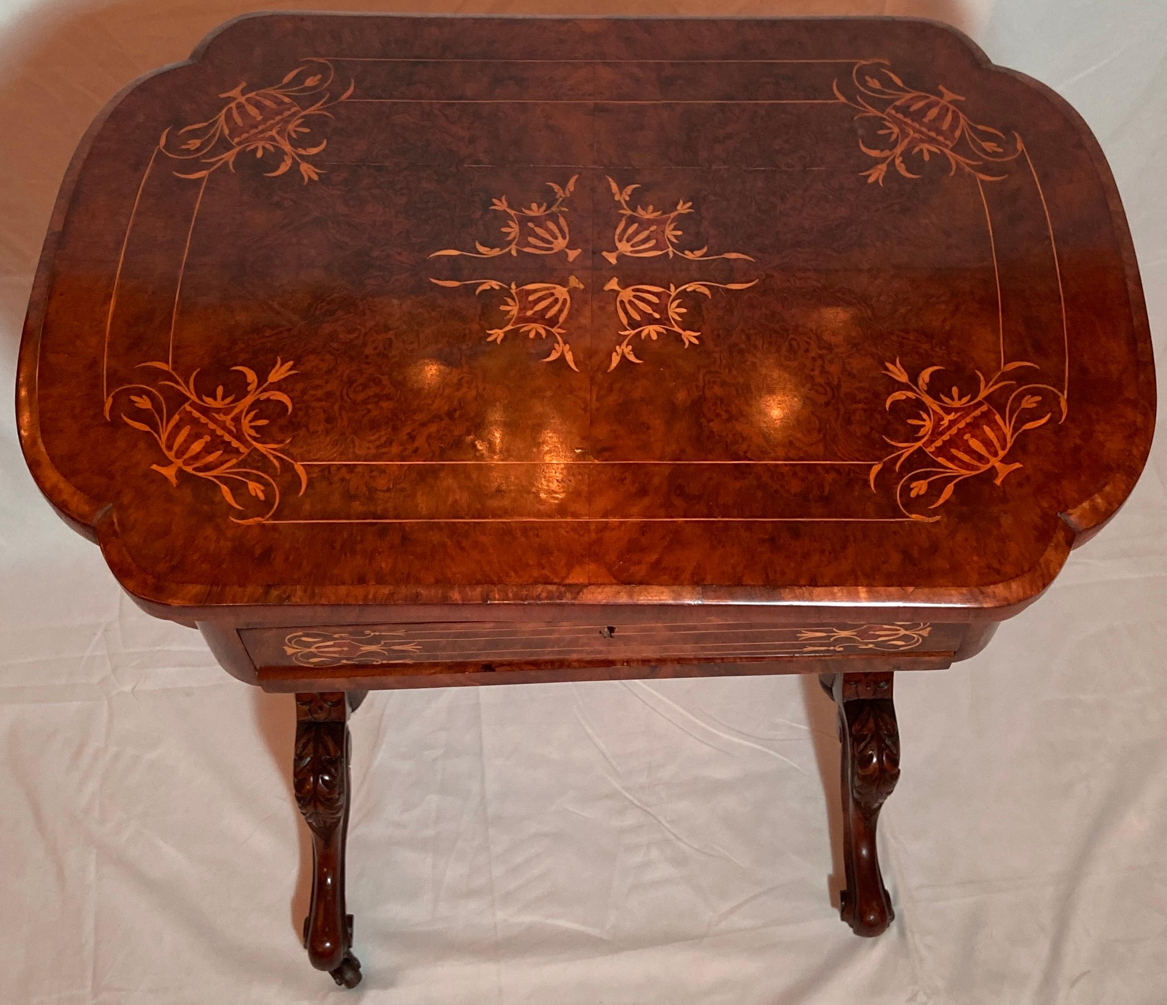 Inlay Antique English Burled Walnut Satinwood Inlaid Games Table, Circa 1865-1885