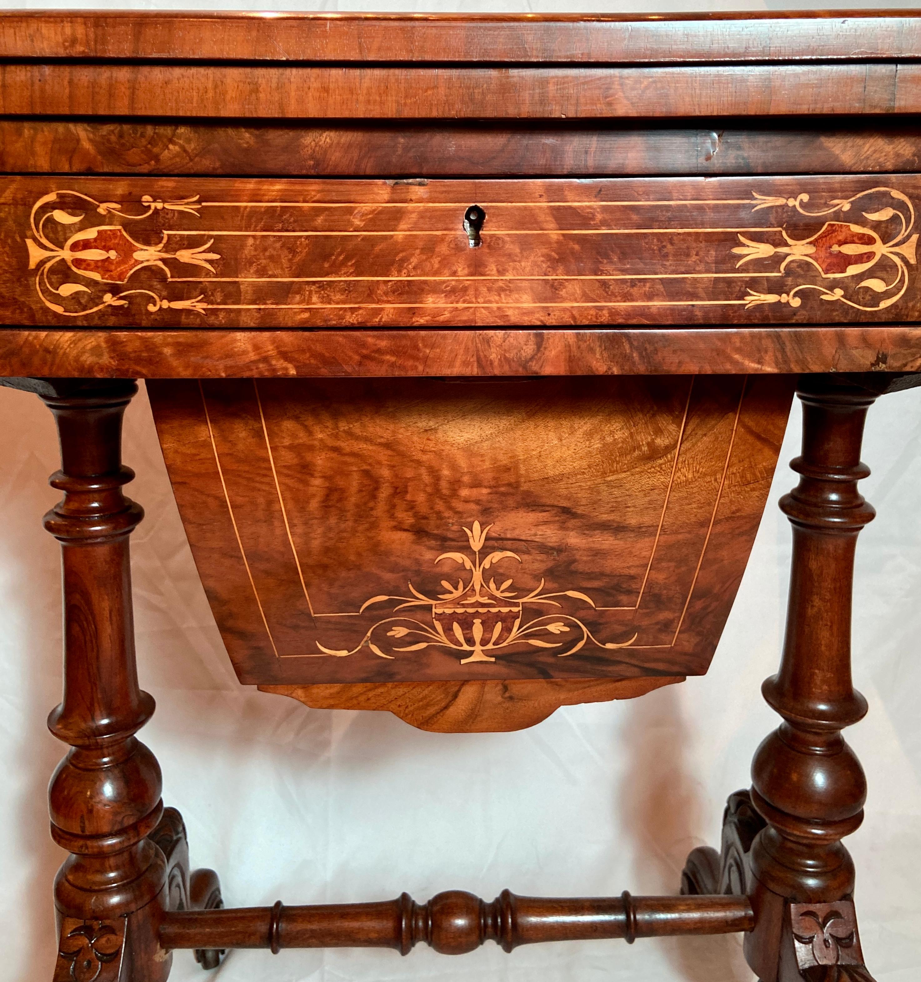 Antique English Burled Walnut Satinwood Inlaid Games Table, Circa 1865-1885 In Good Condition In New Orleans, LA