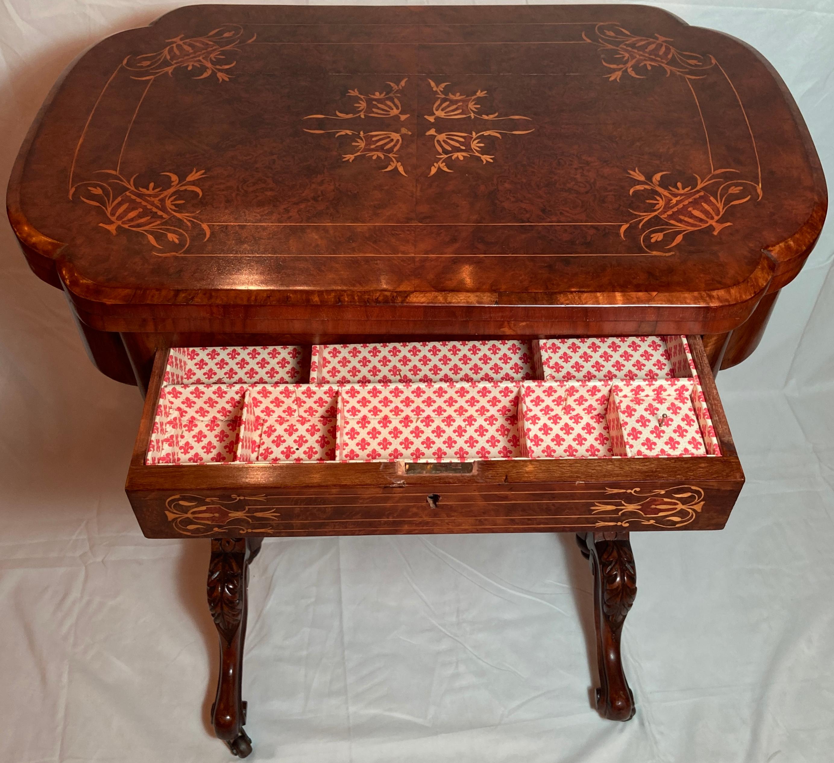 19th Century Antique English Burled Walnut Satinwood Inlaid Games Table, Circa 1865-1885