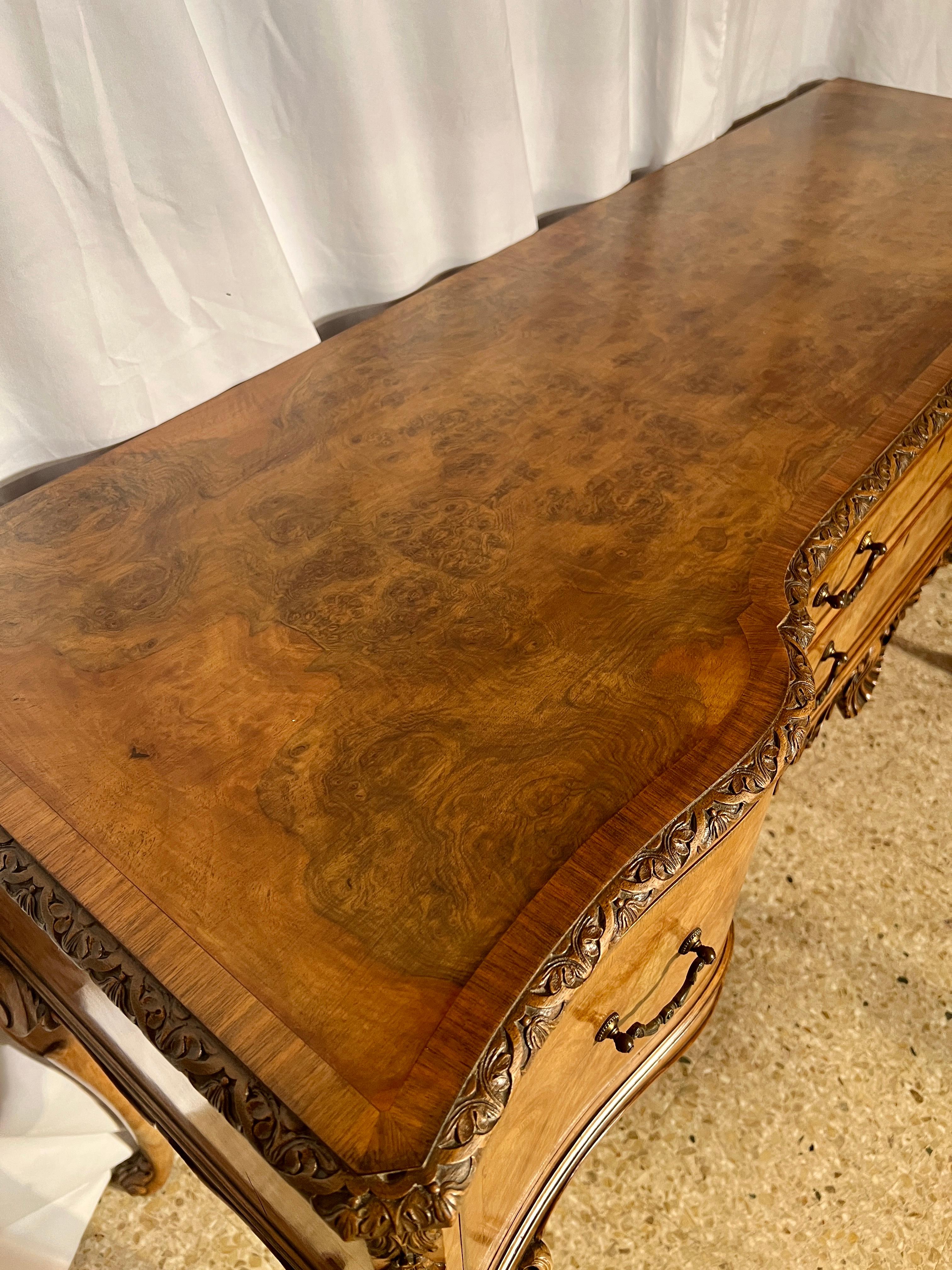 Antique English Burled Walnut Silver Chest on Legs with Flatware Included, Circa 1900.
The last photograph is shown with 2 coordinating pieces that are sold individually:
1. Dining Table: Reference LU2854336477202 or EDT117
2. Dining Chairs: