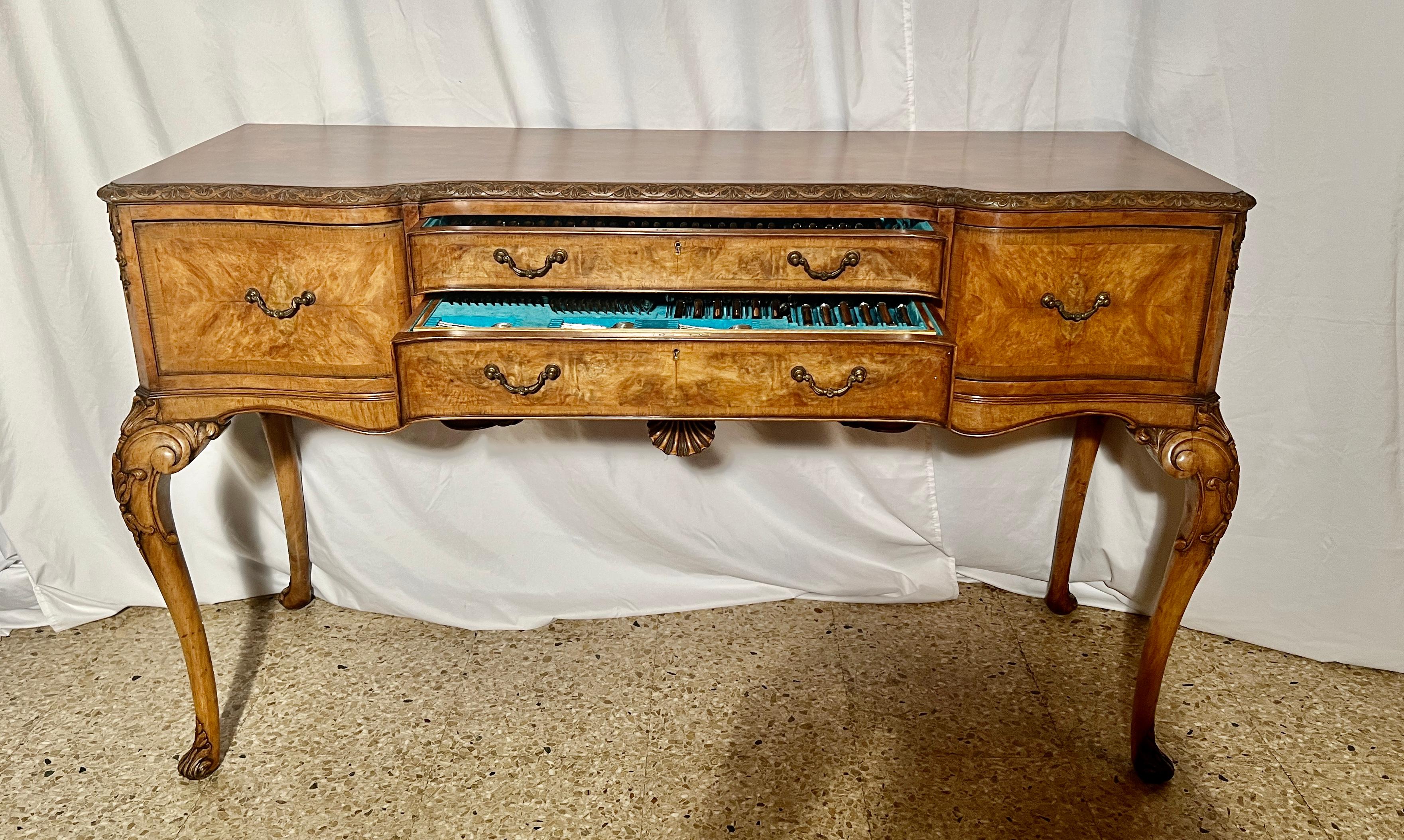 20th Century Antique English Burled Walnut Silver Chest on Legs with Flatware, Circa 1900. For Sale