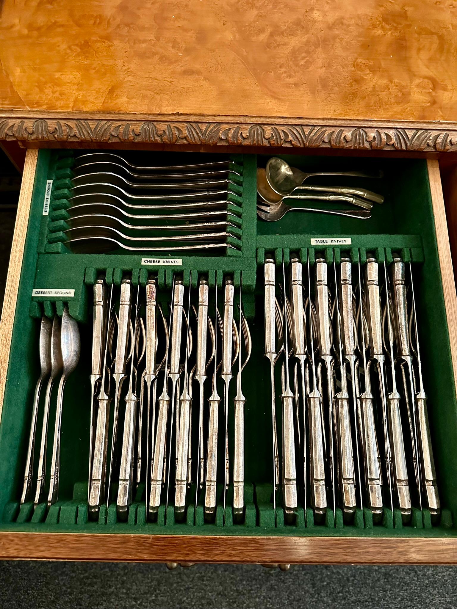 20th Century Antique English Burled Walnut Silver Chest with Silver Dinner Set, Ca. 1910-1920 For Sale