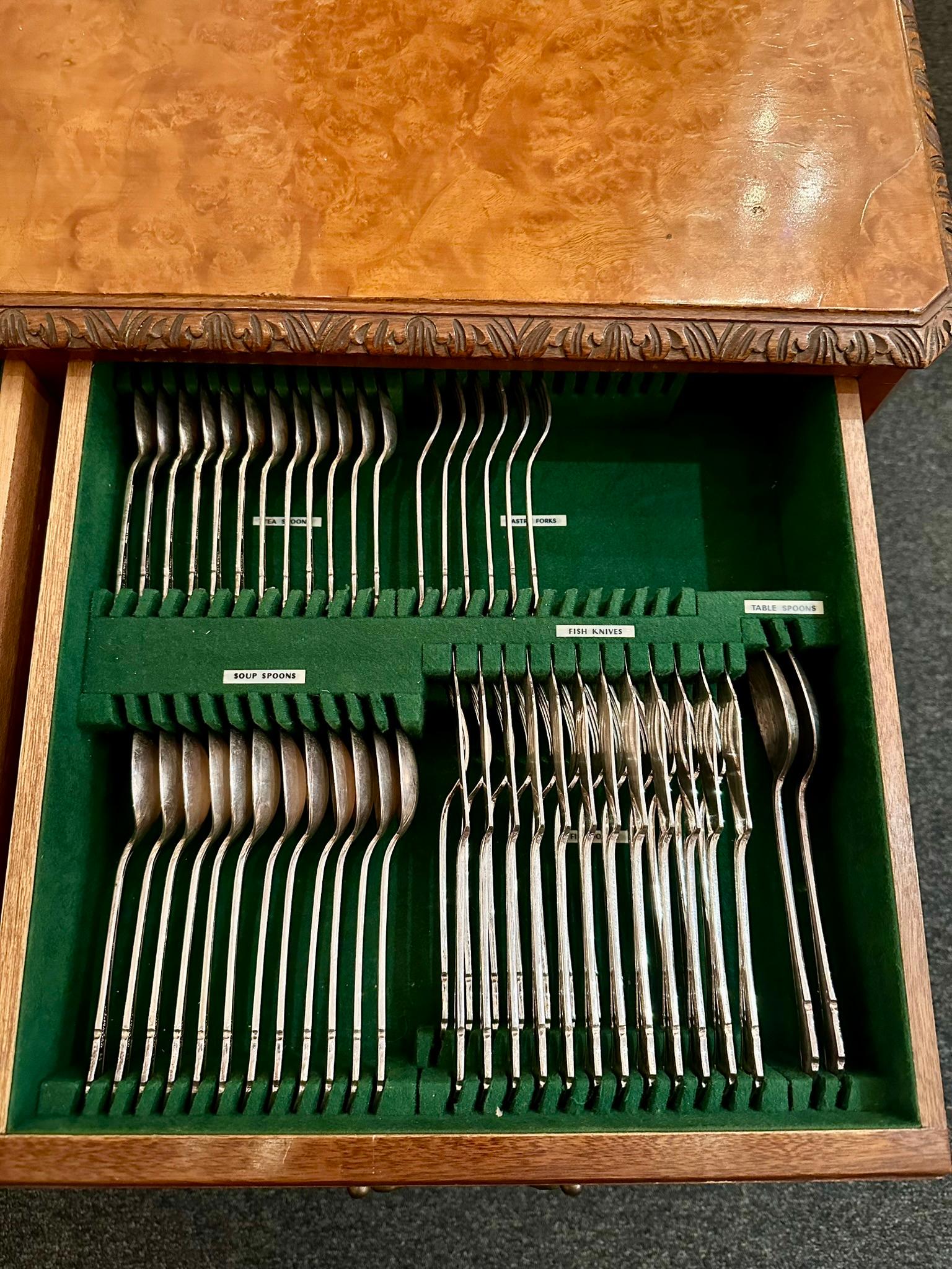 Silver Plate Antique English Burled Walnut Silver Chest with Silver Dinner Set, Ca. 1910-1920 For Sale