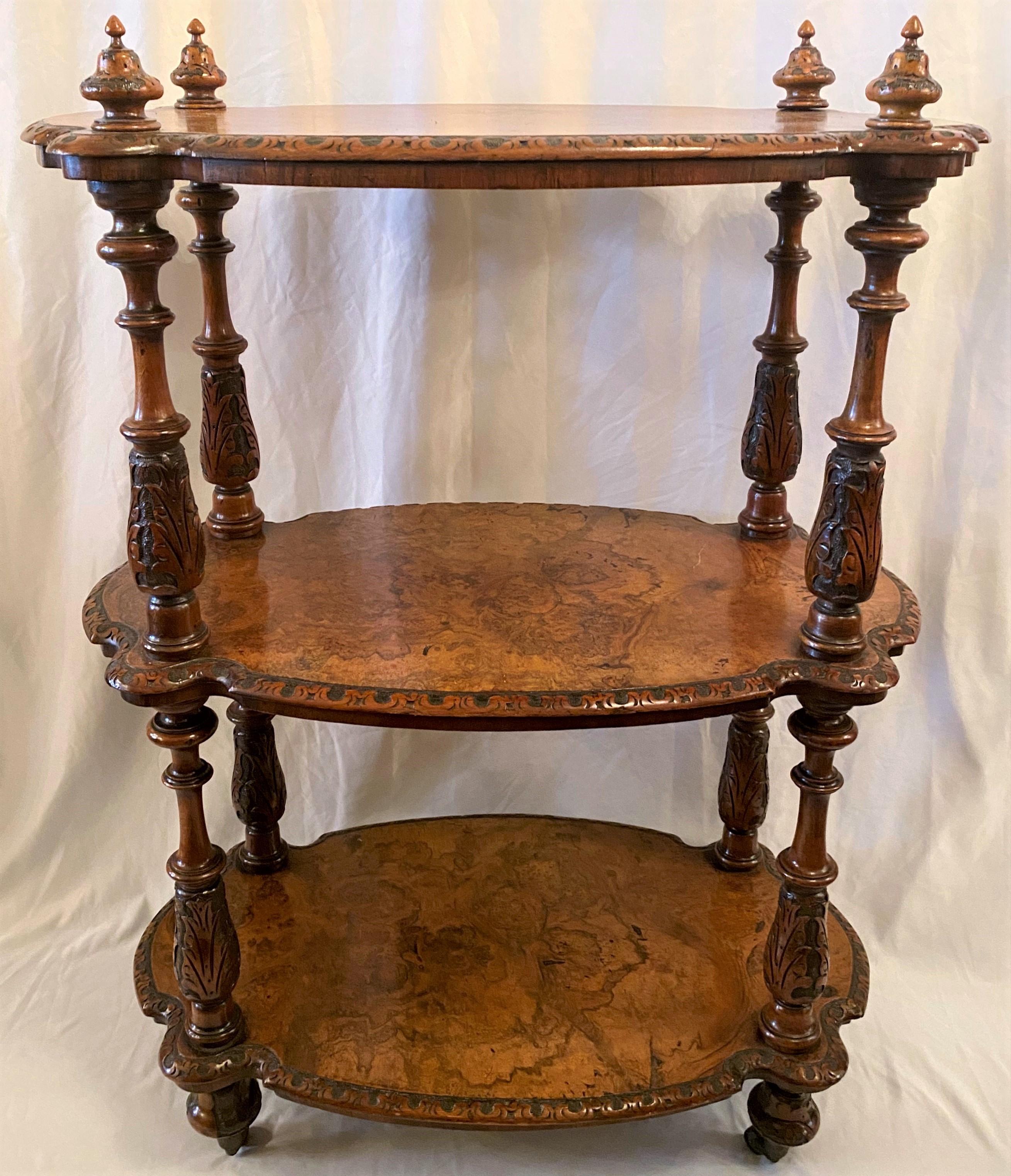 Antique English fine burled walnut with inlay 3-tier étagère on casters, circa 1860.