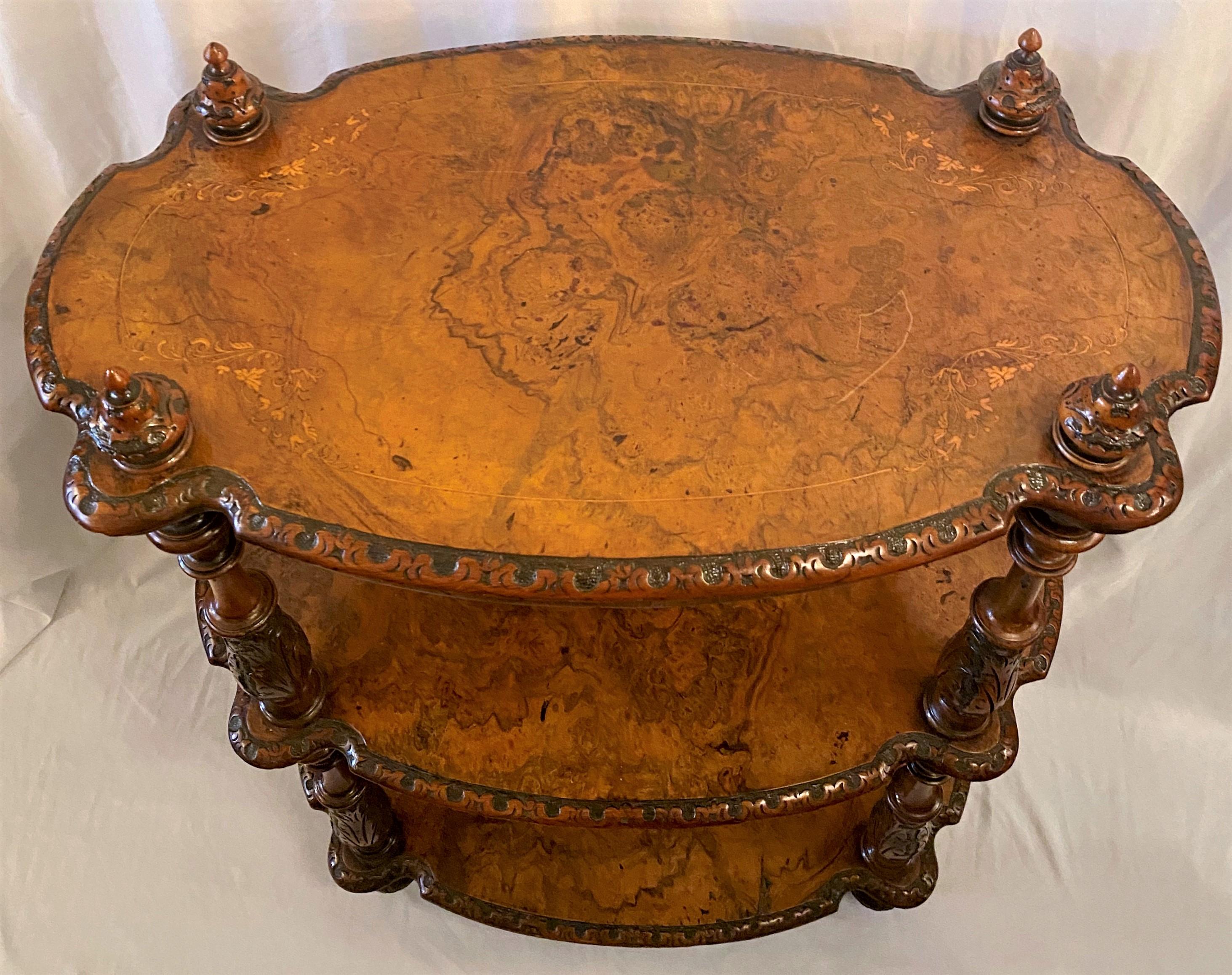Antique English Burled Walnut with Inlay 3-Tier Étagère on Casters, circa 1860 In Good Condition In New Orleans, LA