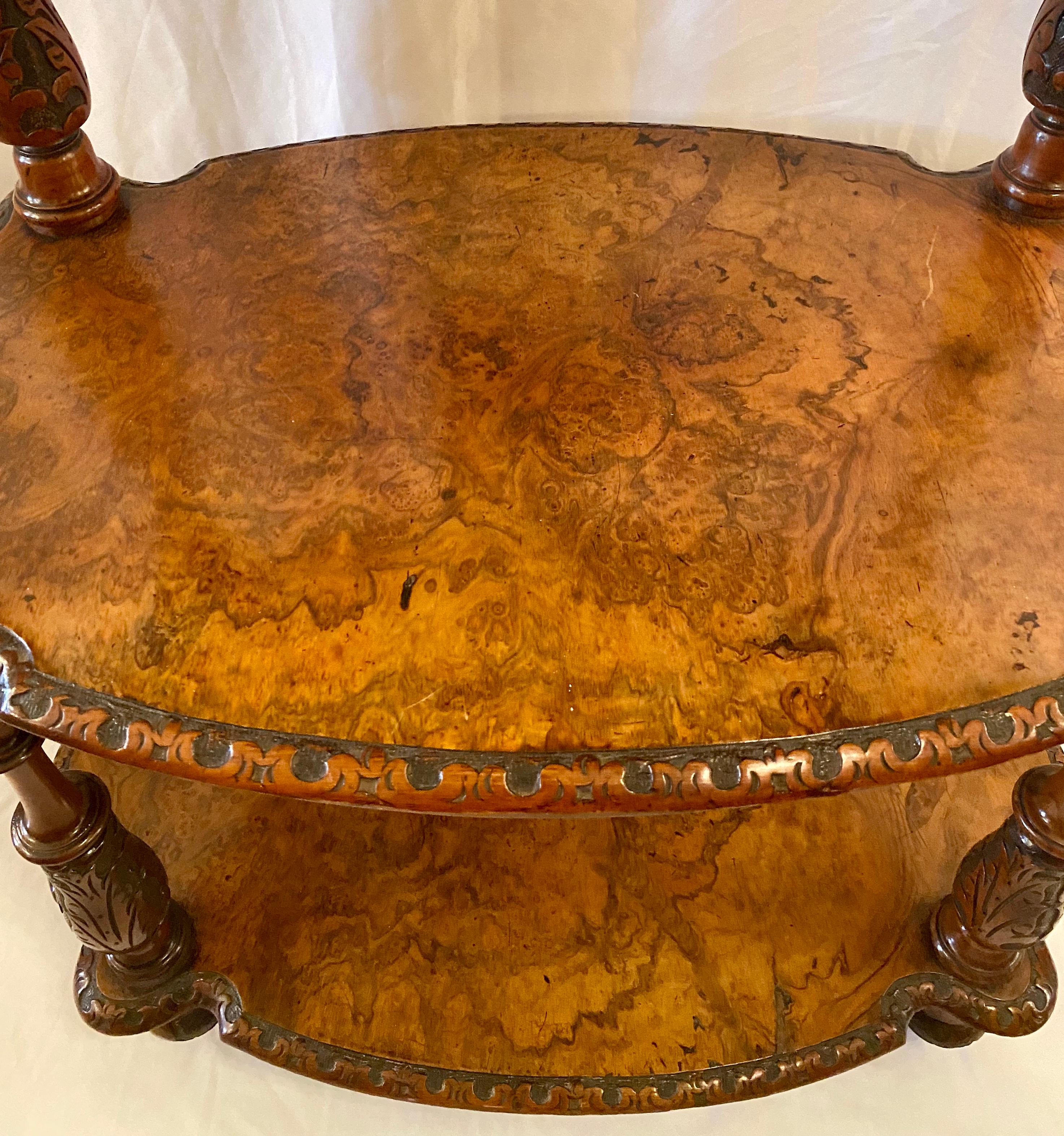 19th Century Antique English Burled Walnut with Inlay 3-Tier Étagère on Casters, circa 1860
