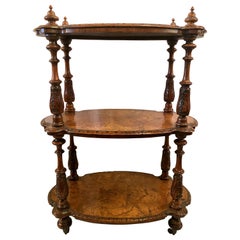 Antique English Burled Walnut with Inlay 3-Tier Étagère on Casters, circa 1860