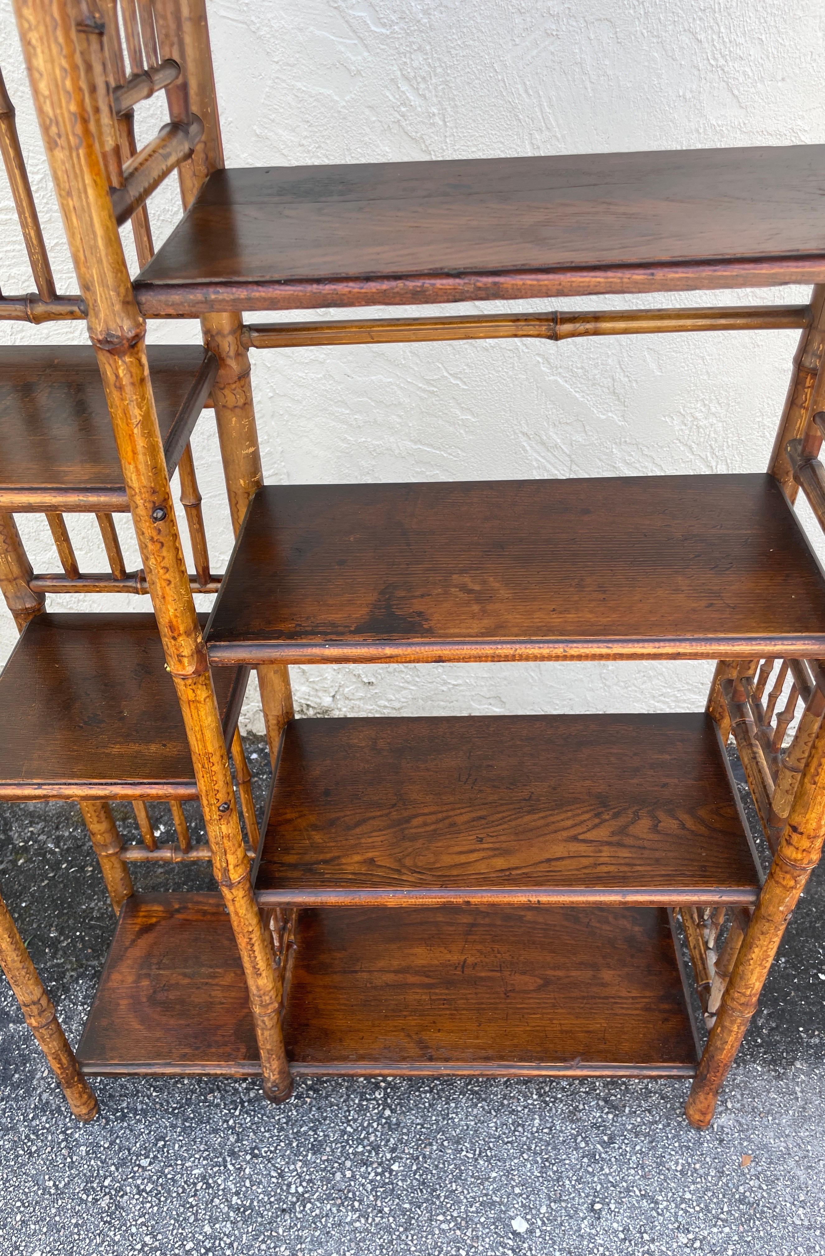 19th Century Antique English Burnt Bamboo Etagere For Sale