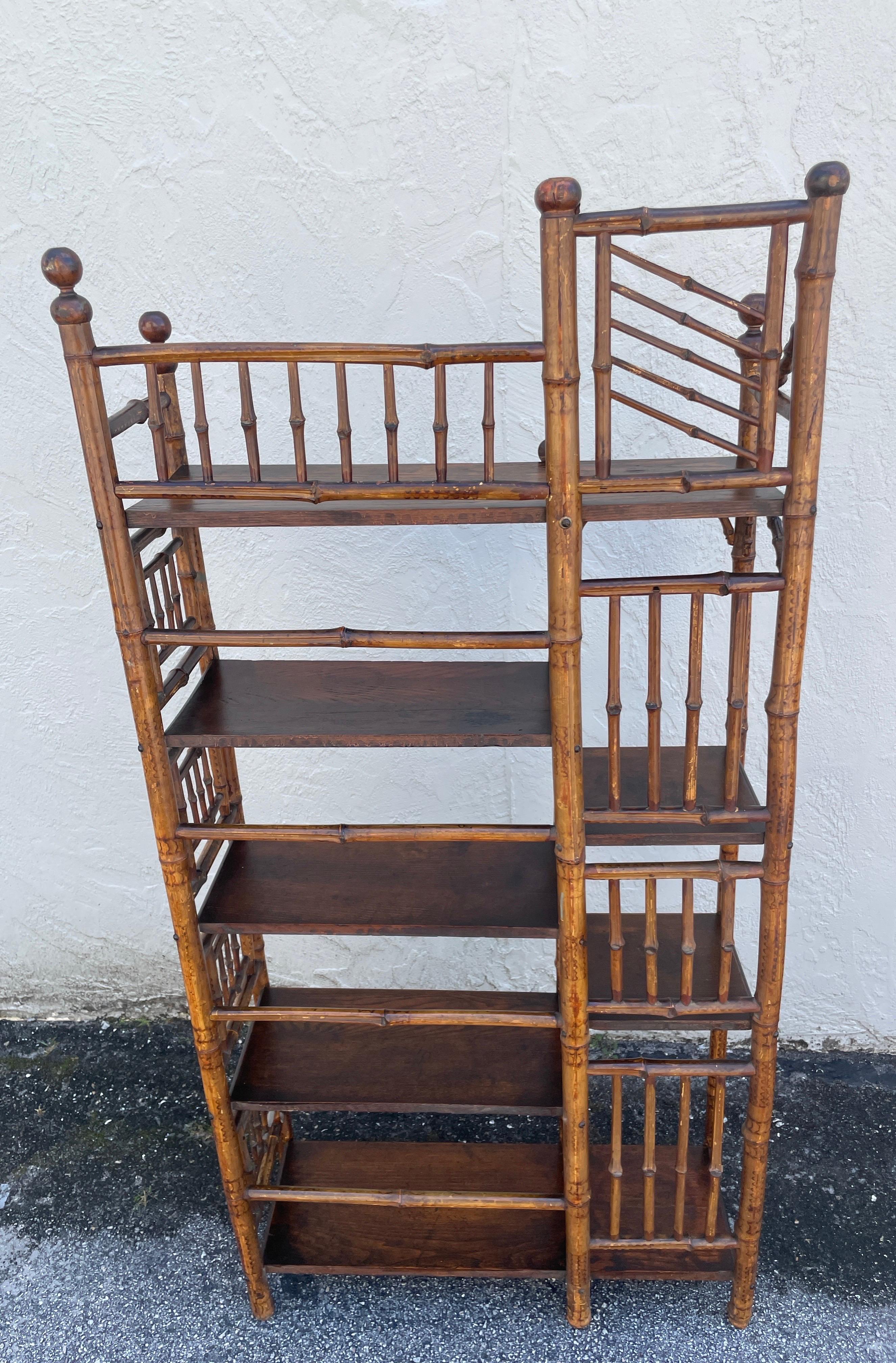 Antique English Burnt Bamboo Etagere For Sale 5