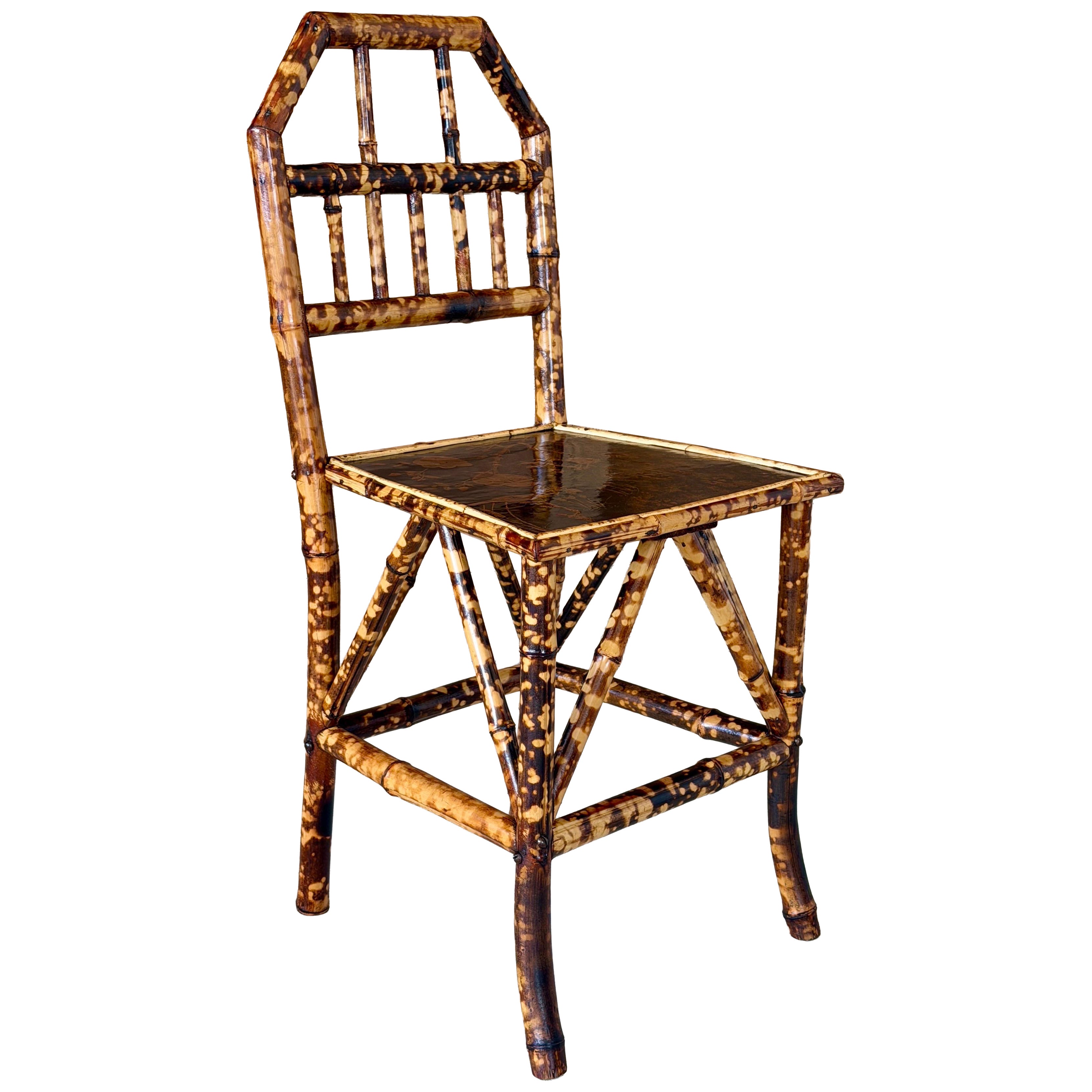 Antique English Burnt Bamboo Side Chair With Japanned Lacquer Seat