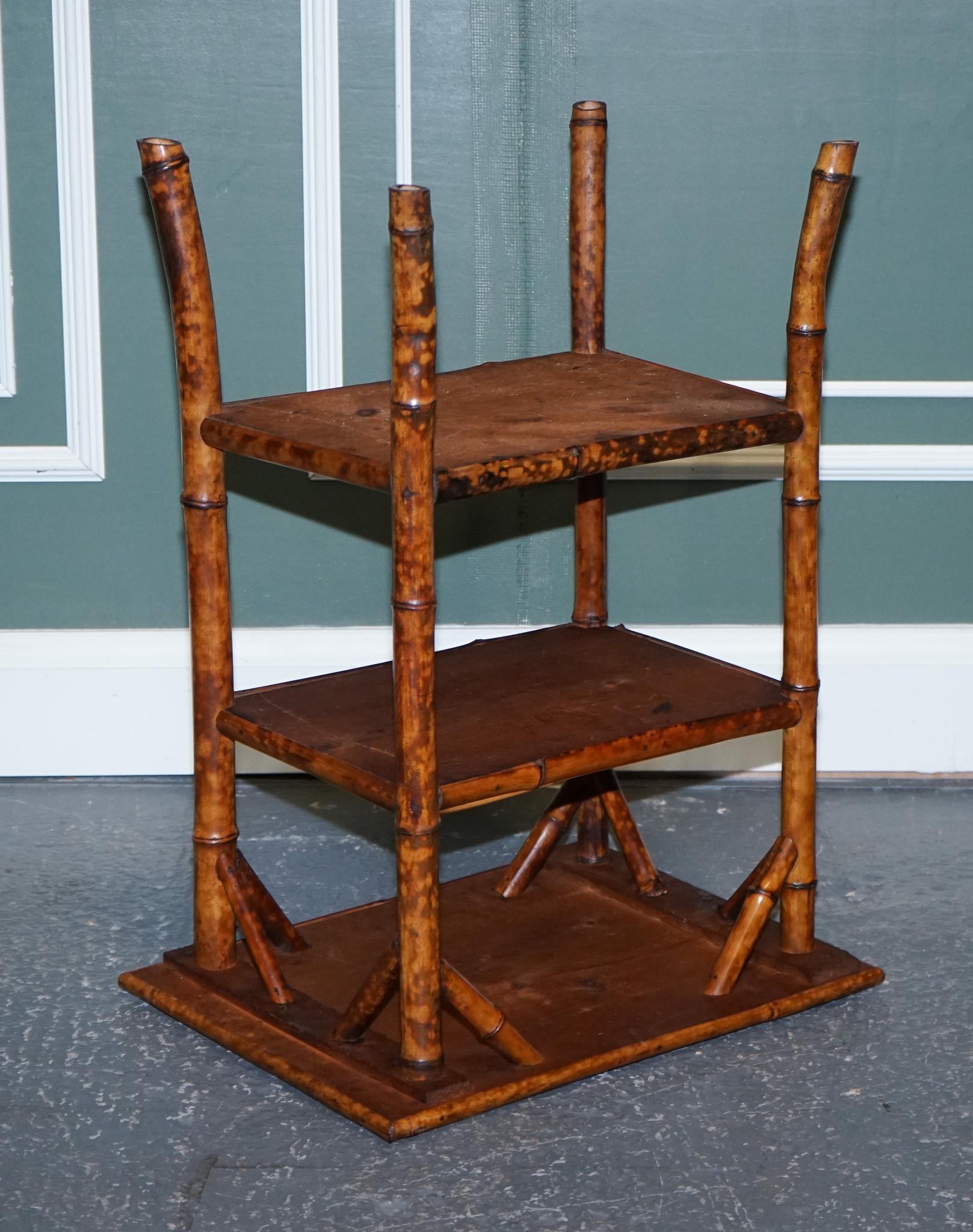 Antique English Burnt Bamboo Three Tier Side End Lamp Table For Sale 4