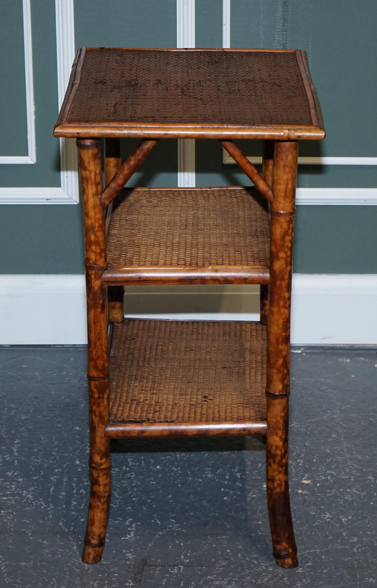 Antique English Burnt Bamboo Three Tier Side End Lamp Table For Sale 5