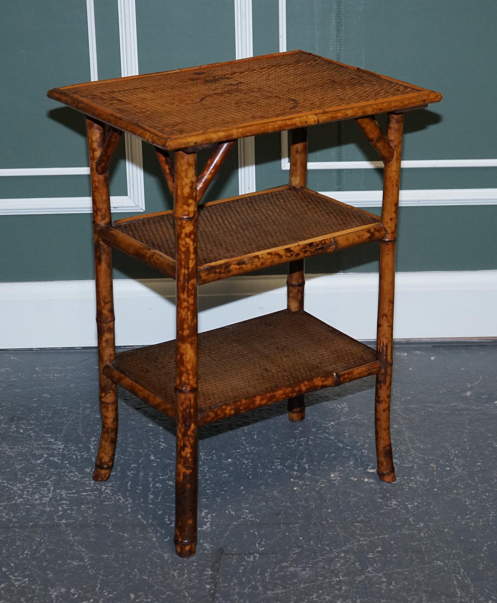 British Antique English Burnt Bamboo Three Tier Side End Lamp Table For Sale