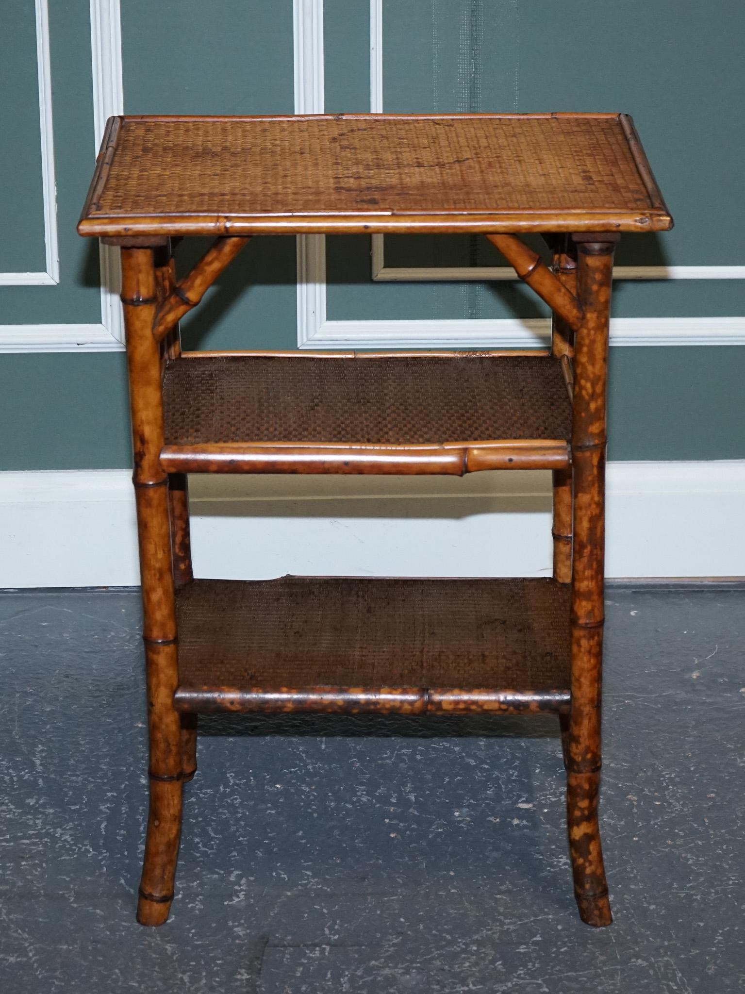 Hand-Crafted Antique English Burnt Bamboo Three Tier Side End Lamp Table For Sale
