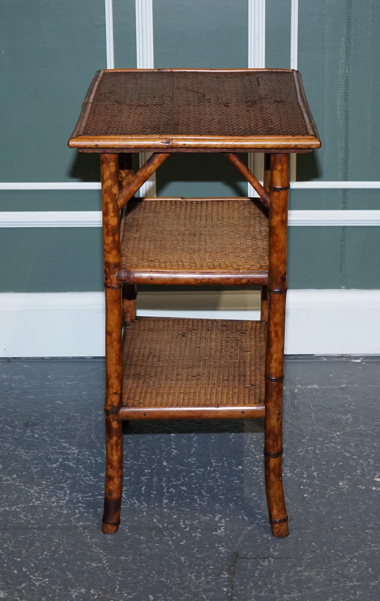 20th Century Antique English Burnt Bamboo Three Tier Side End Lamp Table For Sale