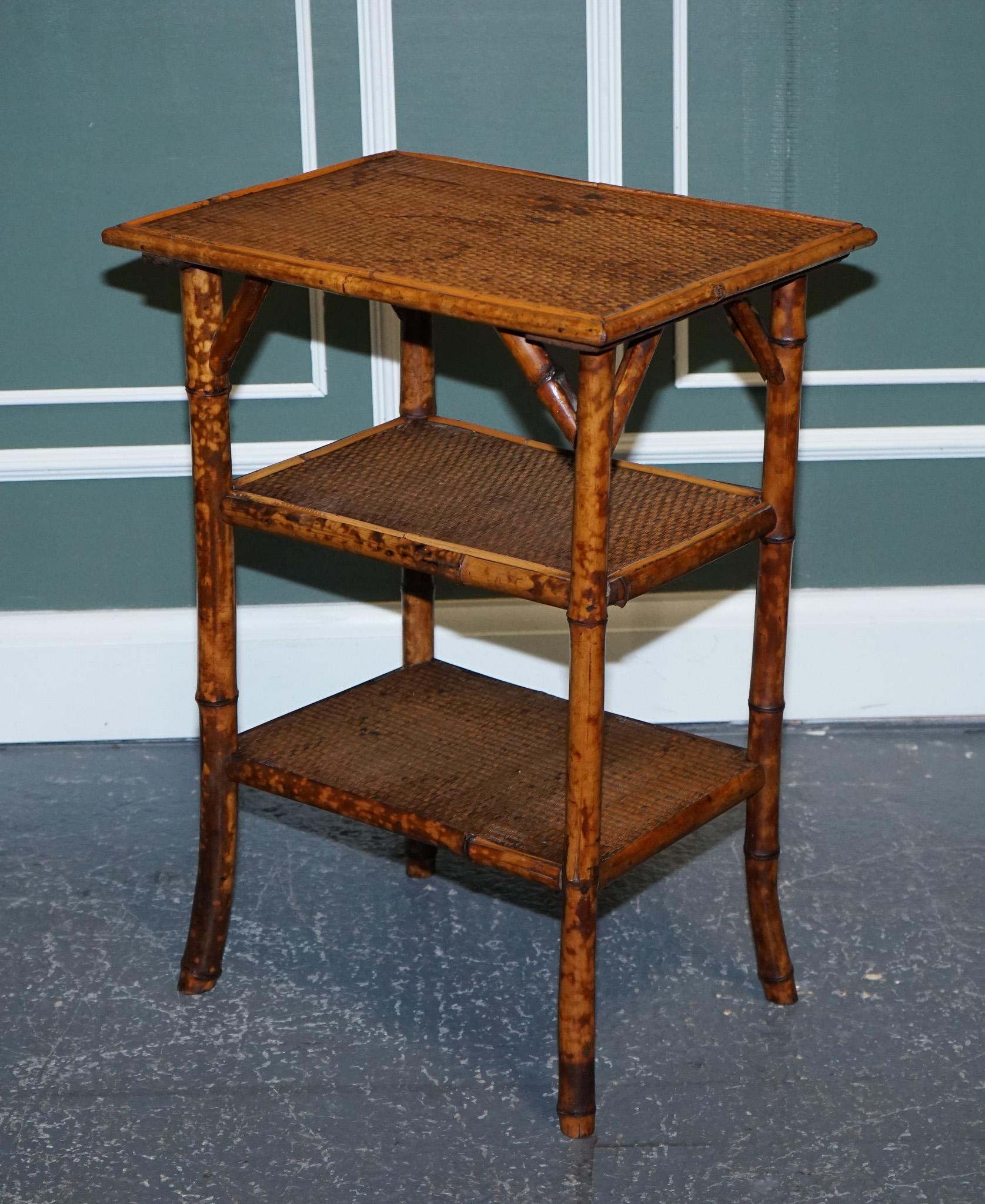 Antique English Burnt Bamboo Three Tier Side End Lamp Table For Sale 1
