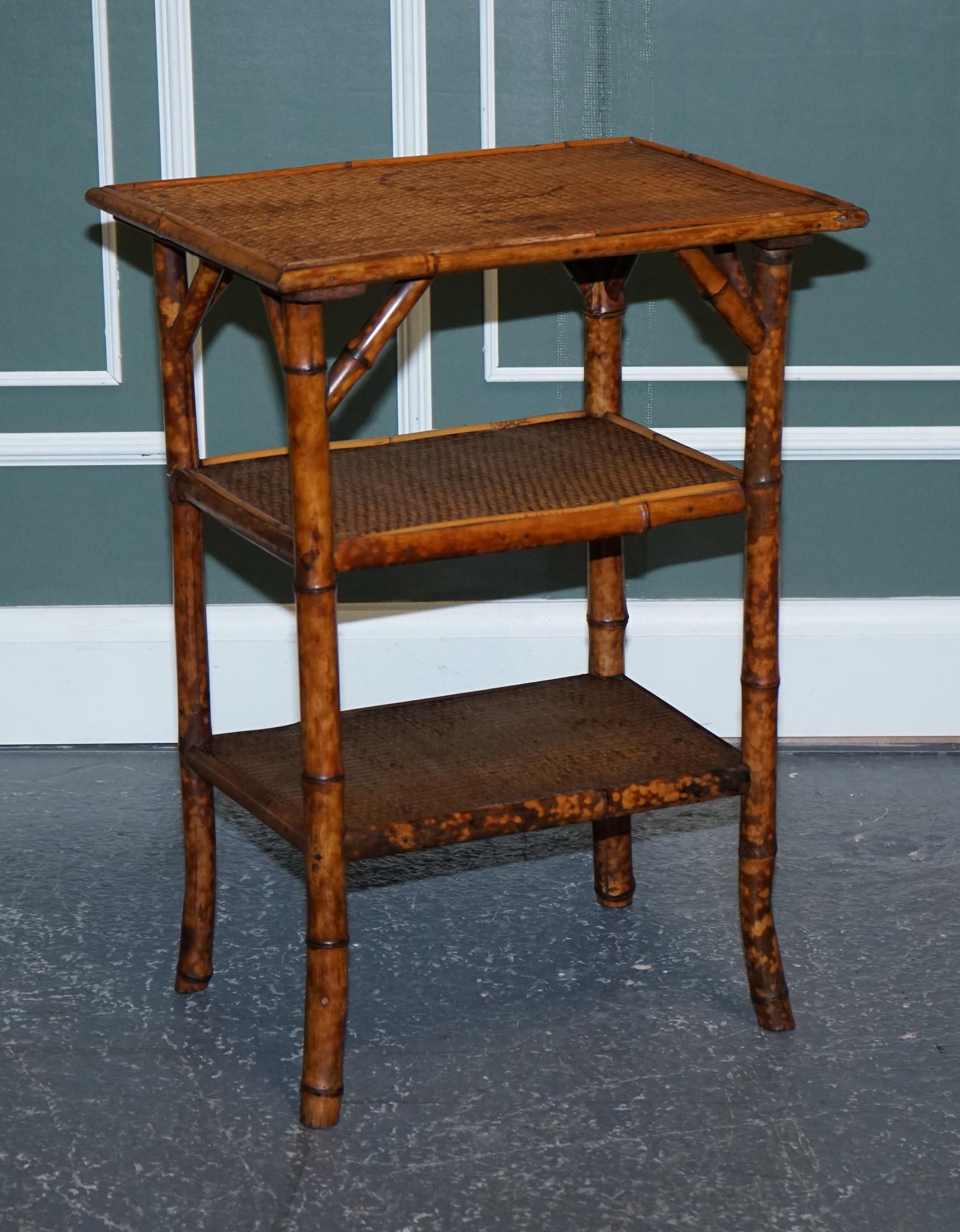 Antique English Burnt Bamboo Three Tier Side End Lamp Table For Sale 2