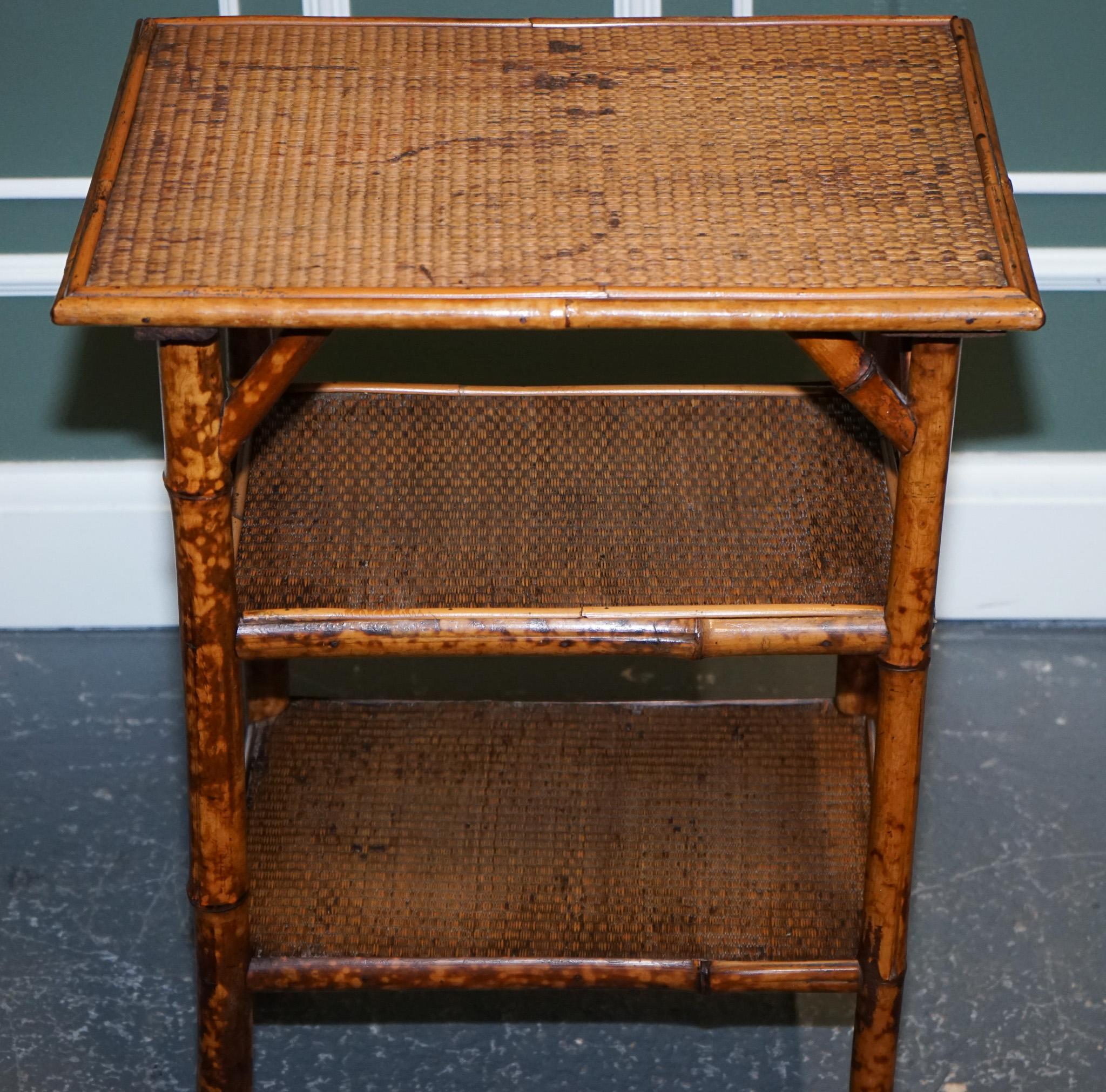 Antique English Burnt Bamboo Three Tier Side End Lamp Table For Sale 2