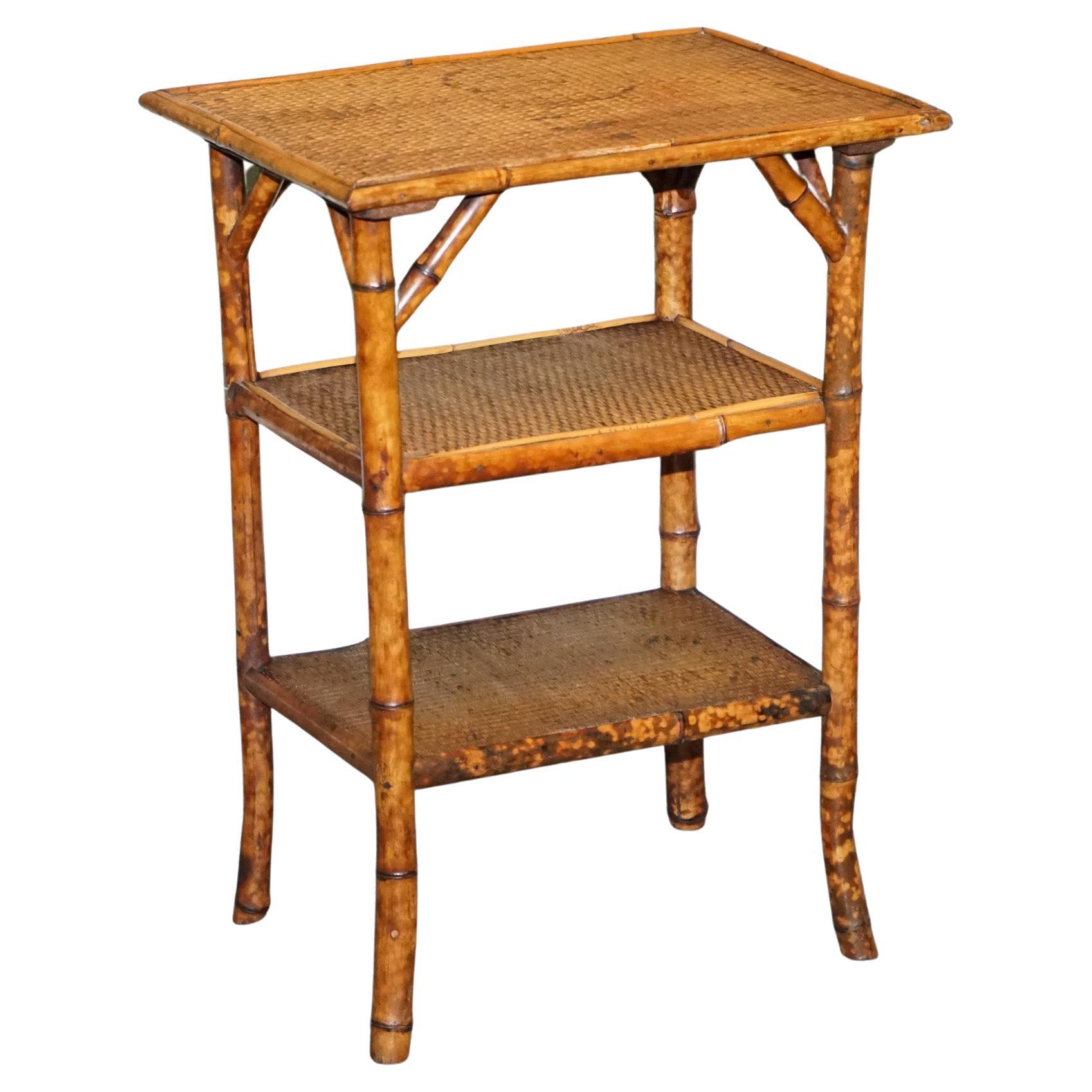 Antique English Burnt Bamboo Three Tier Side End Lamp Table For Sale