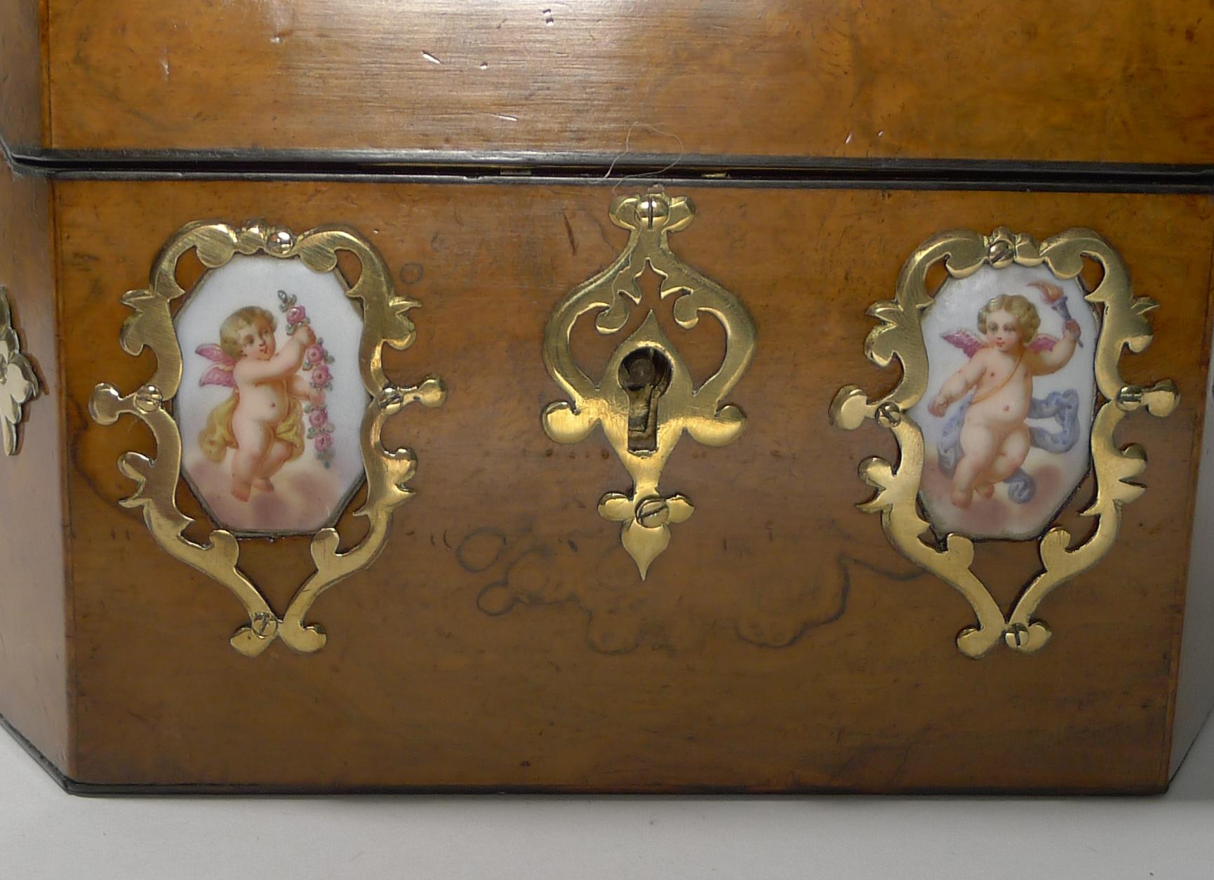 Early Victorian Antique English Burr Walnut & Hand Painted Porcelain Stationery Box, circa 1850 For Sale