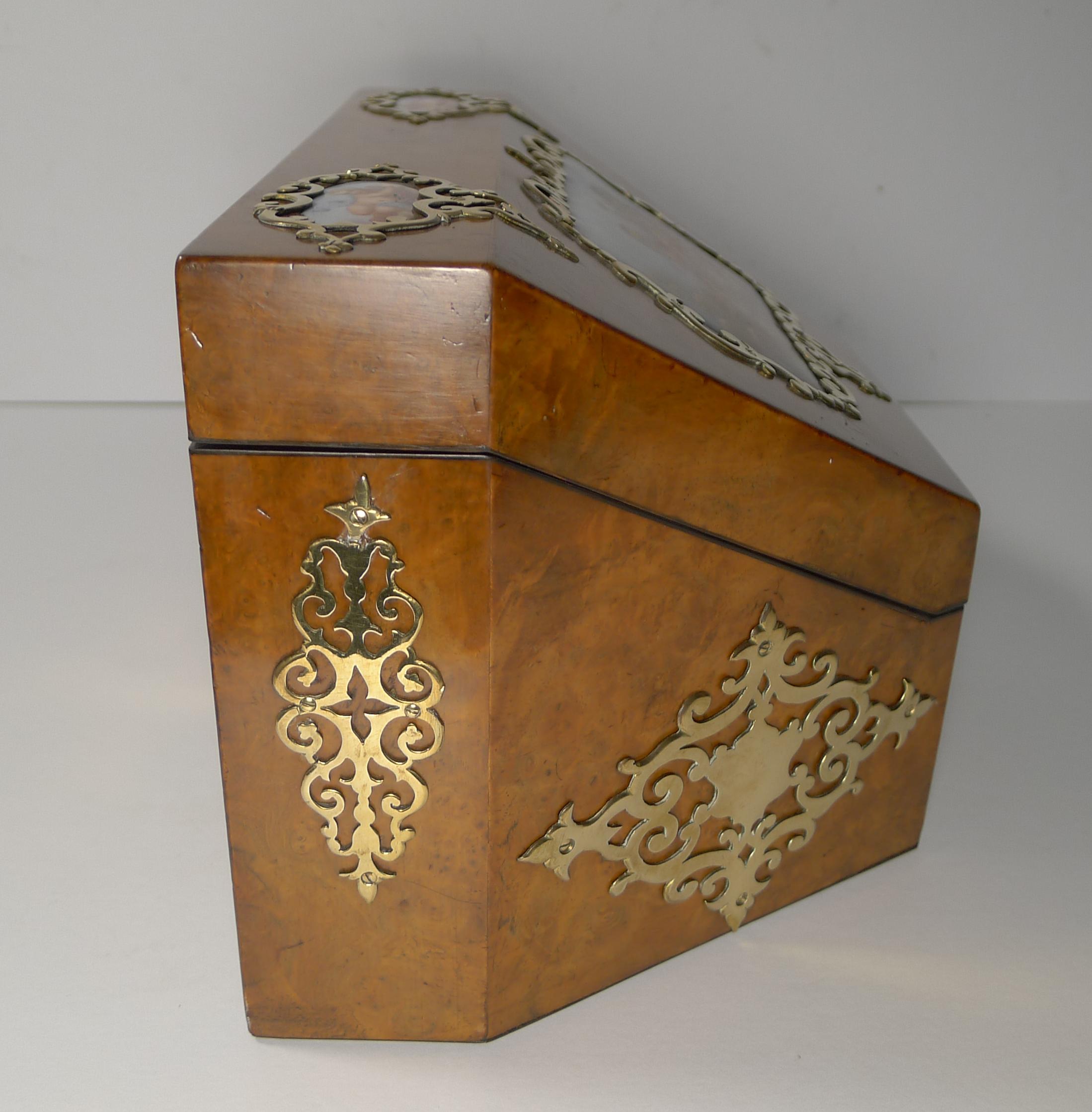 Mid-19th Century Antique English Burr Walnut & Hand Painted Porcelain Stationery Box, circa 1850 For Sale