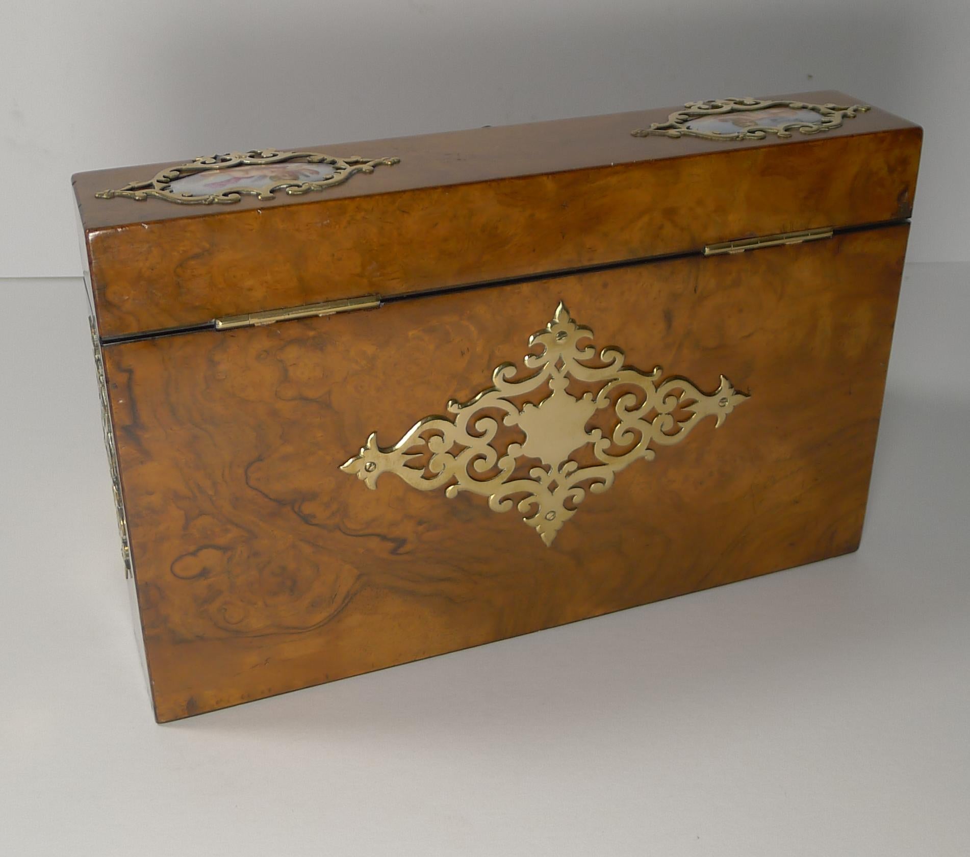 Brass Antique English Burr Walnut & Hand Painted Porcelain Stationery Box, circa 1850 For Sale