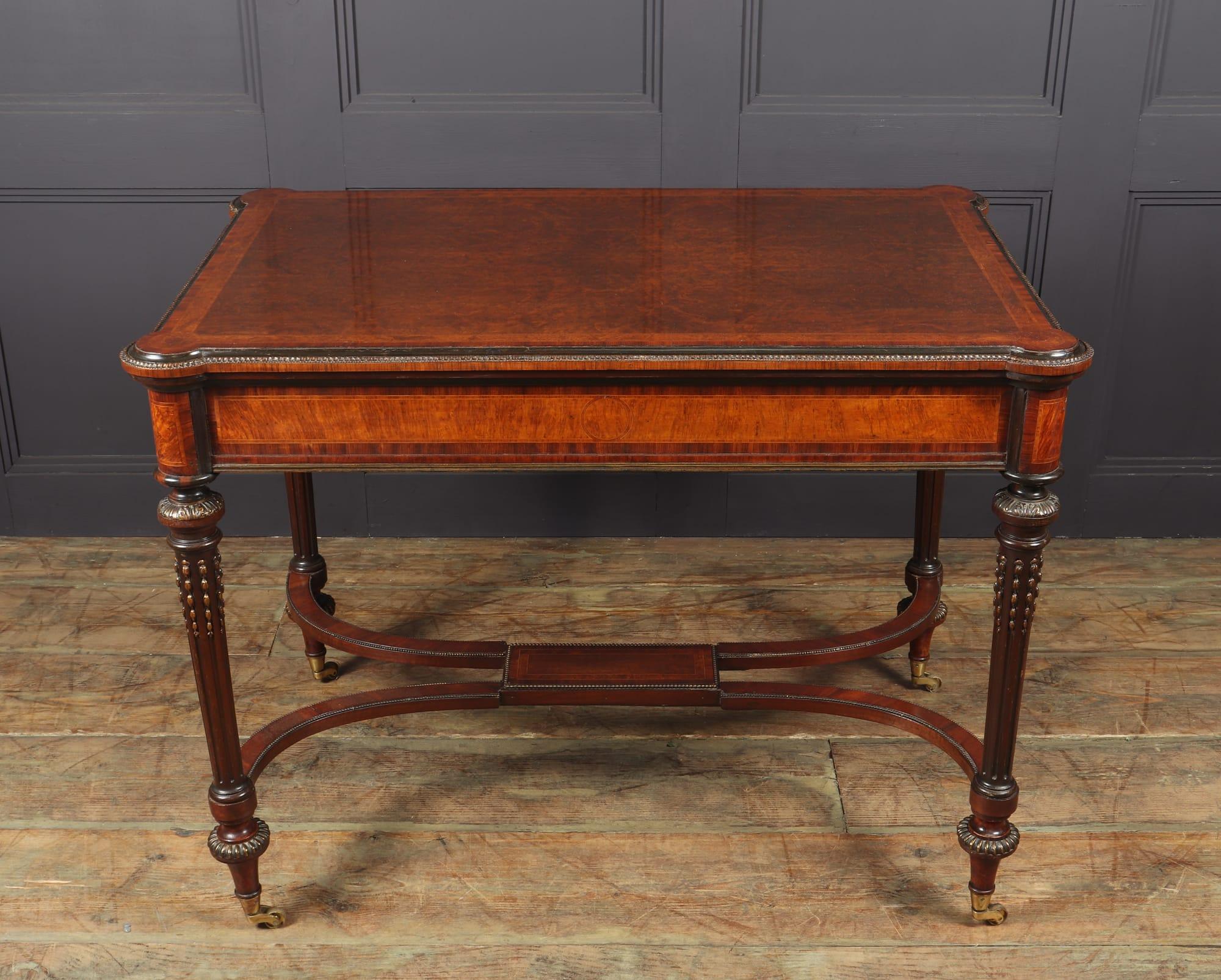 Antique English Burr Walnut Inlaid Writing Table, c1880 4