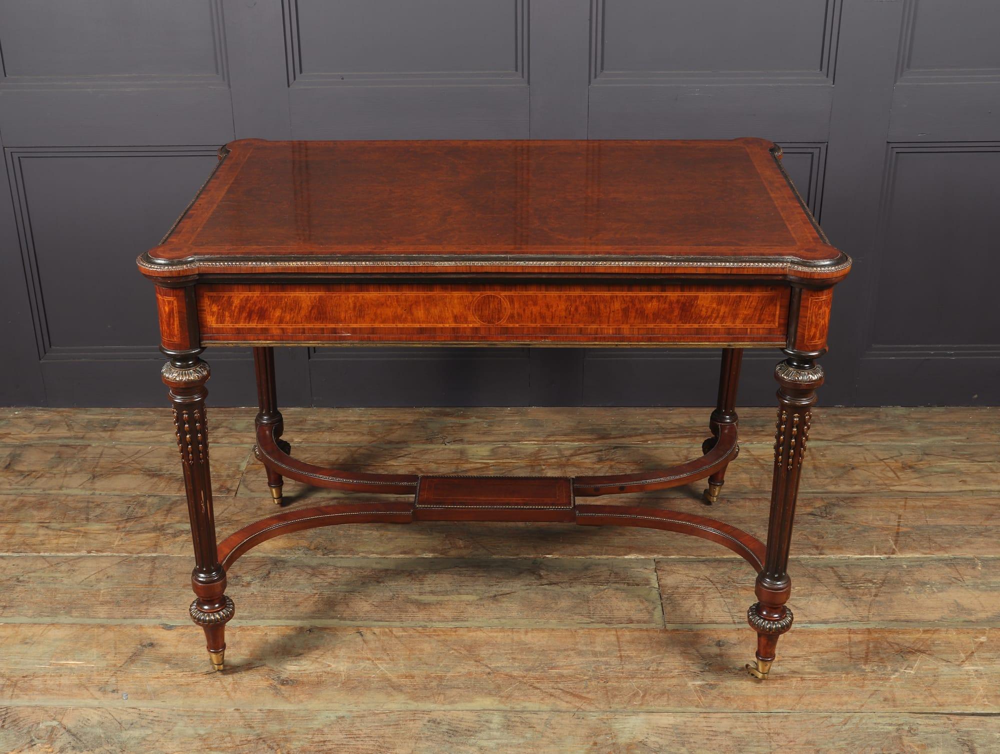 British Antique English Burr Walnut Inlaid Writing Table, c1880