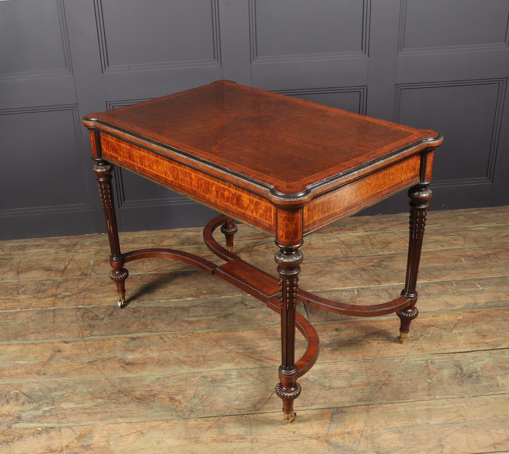 Antique English Burr Walnut Inlaid Writing Table, c1880 In Good Condition In Paddock Wood Tonbridge, GB