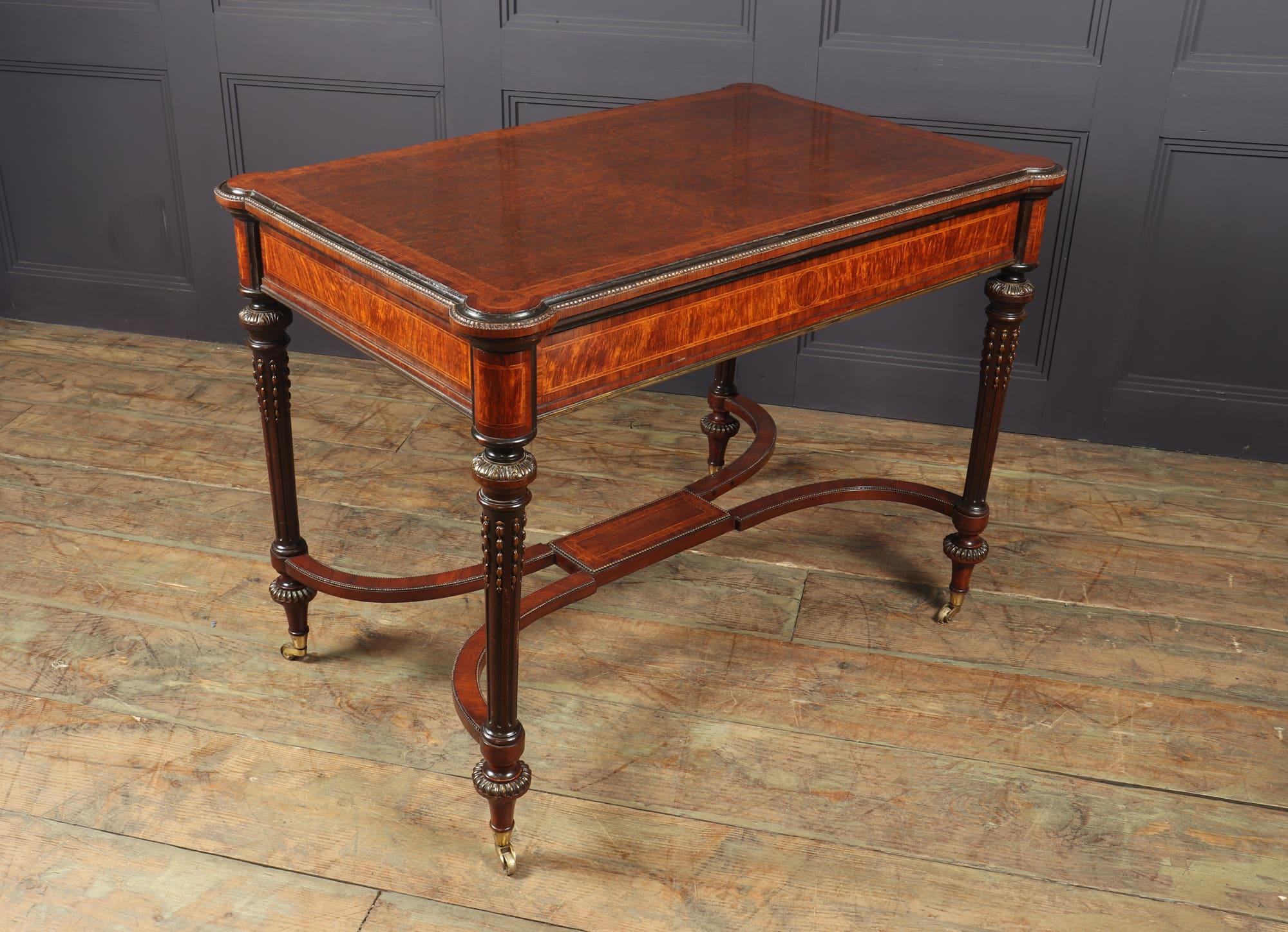 Antique English Burr Walnut Inlaid Writing Table, c1880 2
