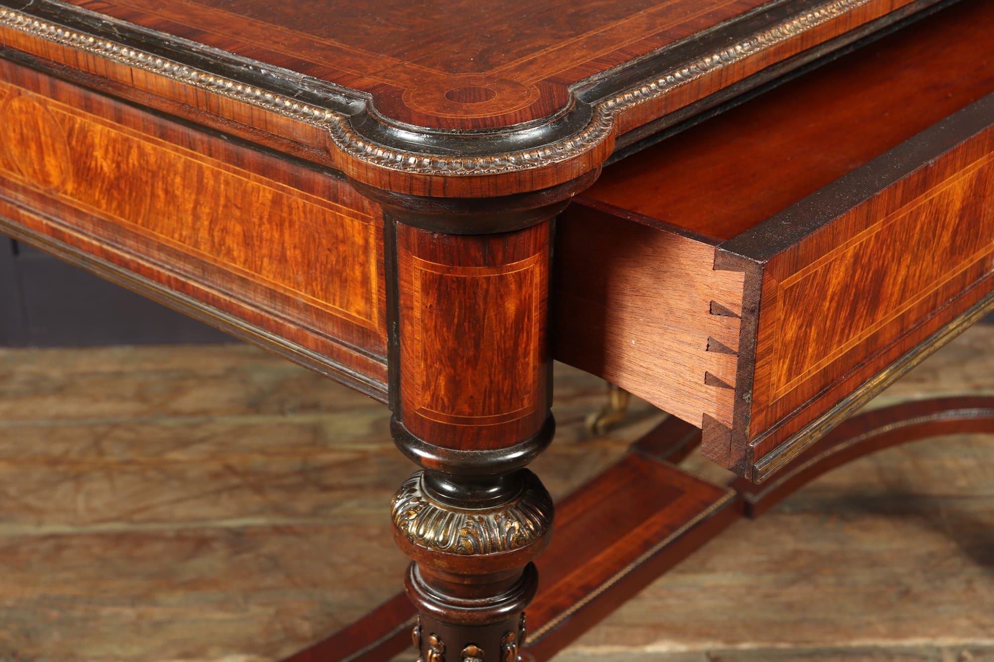 Antique English Burr Walnut Inlaid Writing Table, c1880 3