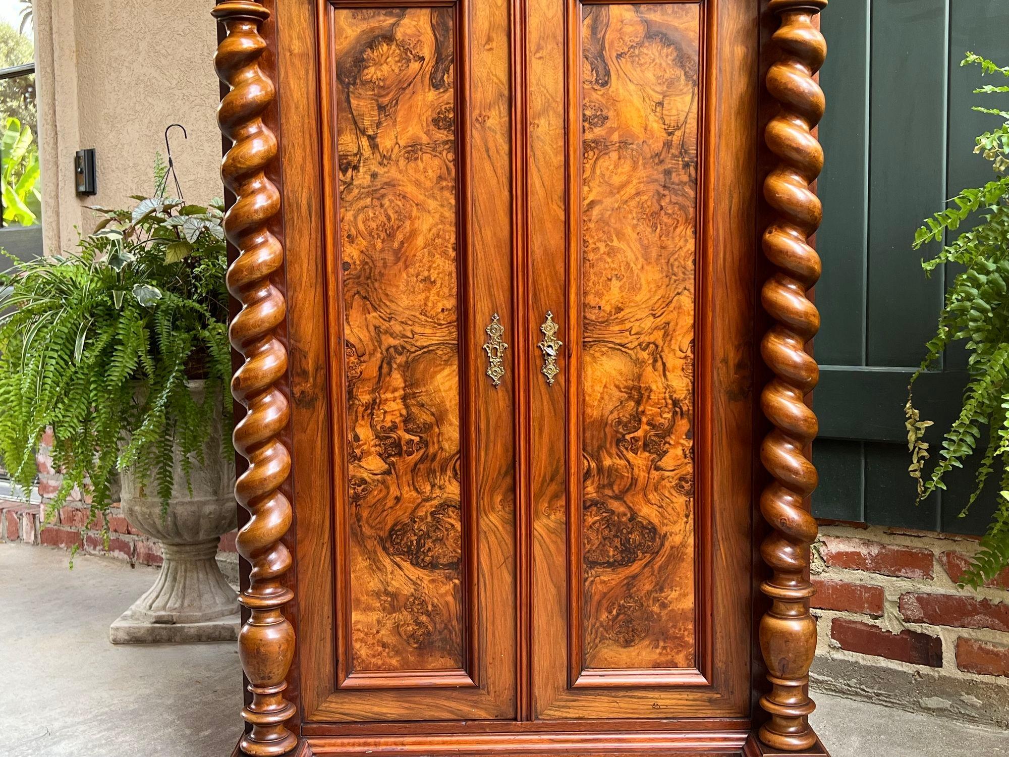 Antique English Cabinet Bookcase Barley Twist Carved Burl Walnut In Good Condition In Shreveport, LA