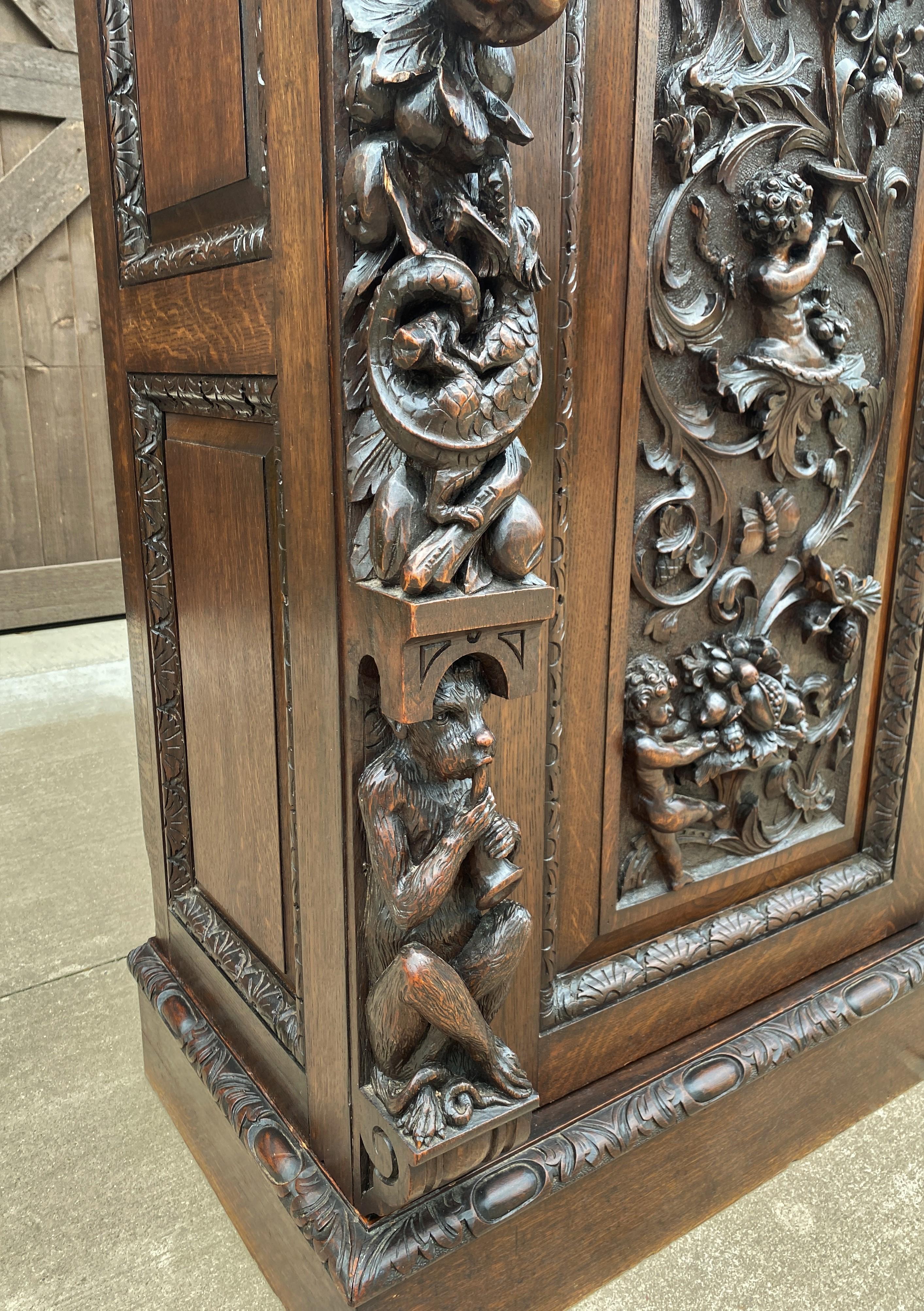 Antique English Cabinet Chest Wardrobe Gothic Revival Oak Monkeys Rare c.1880s For Sale 9