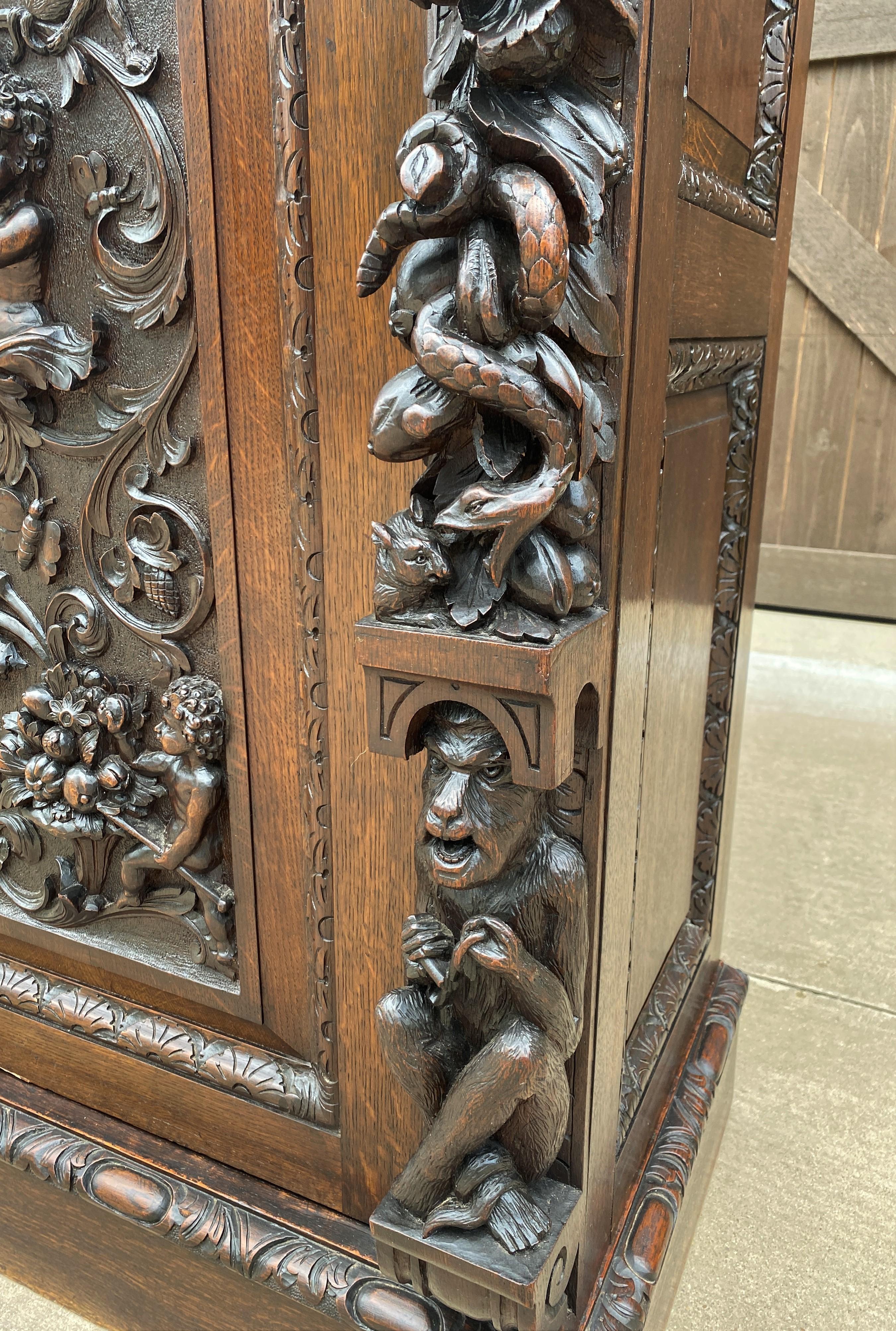 Antique English Cabinet Chest Wardrobe Gothic Revival Oak Monkeys Rare c.1880s For Sale 12