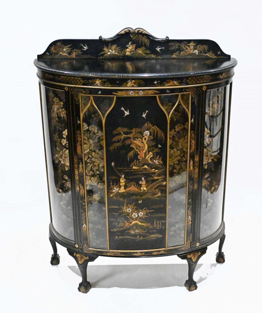 Stunning antique lacquered cabinet by Hille & Co 
We date this gorgeous piece to circa 1900
Half round form with gallery to the top (also finished in Chinoiserie)
The details to the hand painted Chinoiserie are exquisite with designs on all