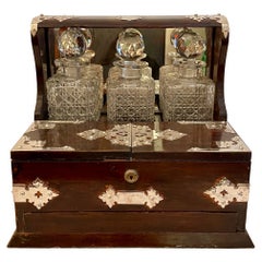 Antique English Calamander, Silver-Plate & Crystal Games Box Tantalus Circa 1880