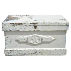 Antique English Campaign Gray Distress Painted Treasure Chest Trunk - LOCKED