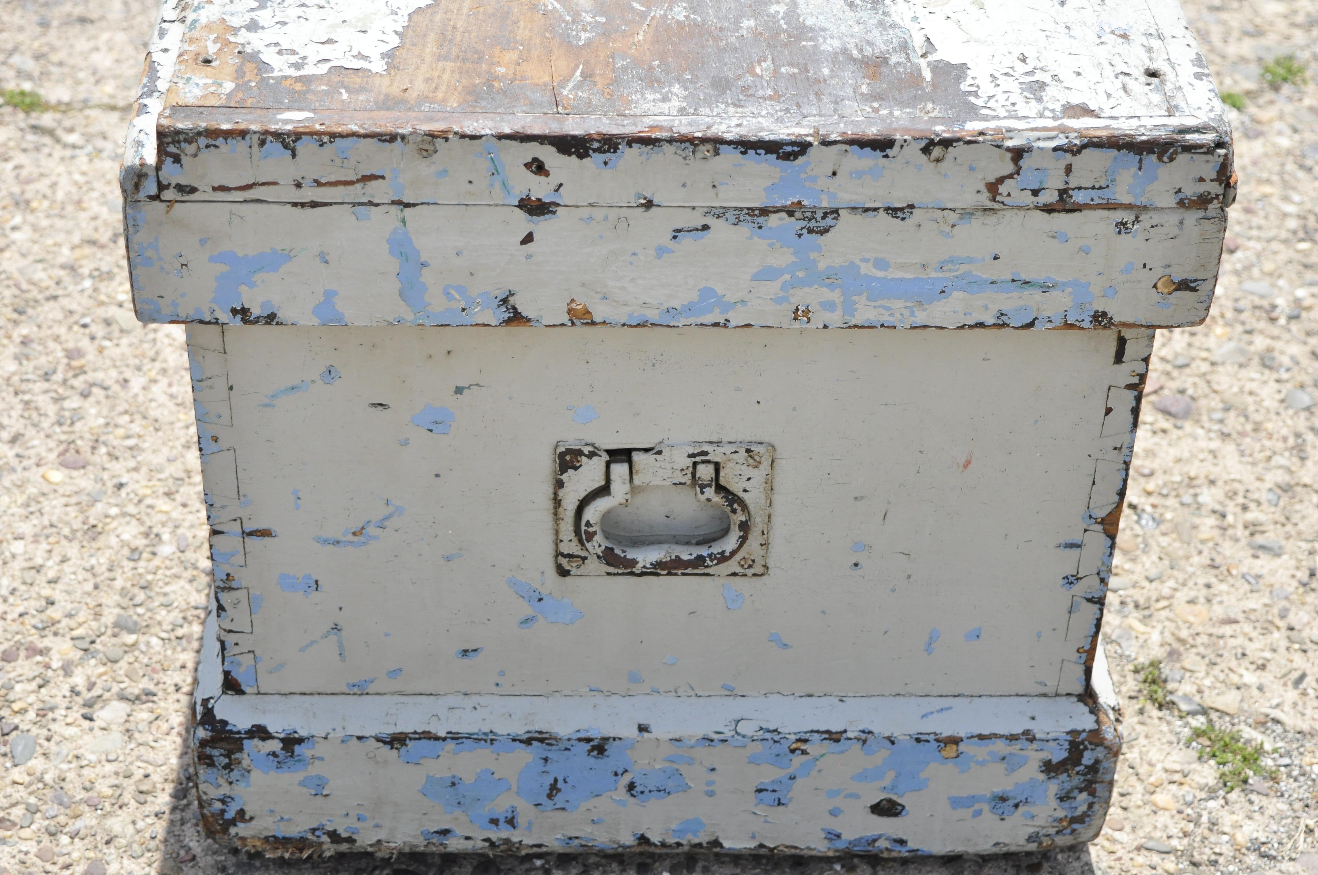 Antique English Campaign Green Distressed Painted Treasure Chest Trunk, Locked In Good Condition For Sale In Philadelphia, PA