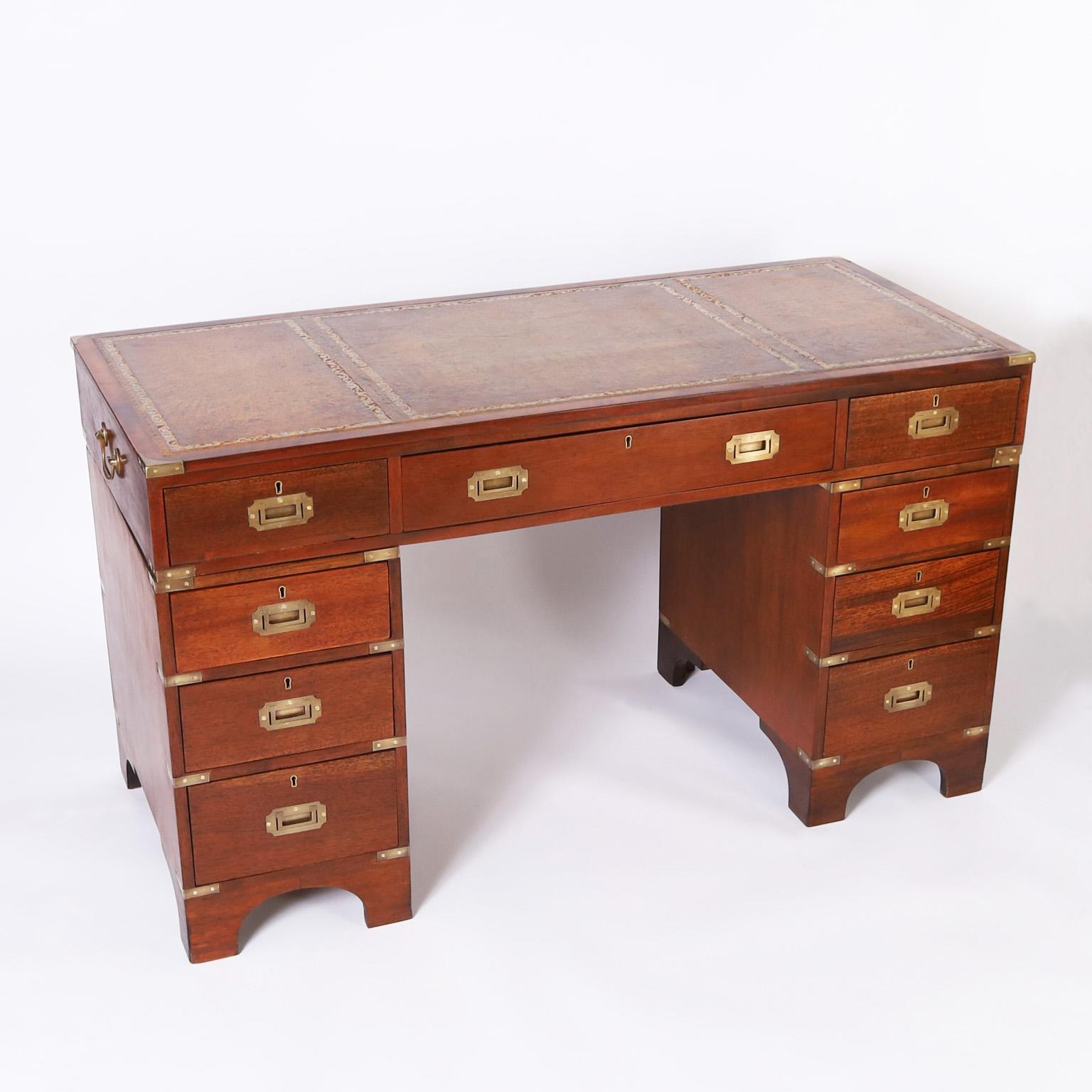 20th Century Antique English Campaign Leather Top Desk