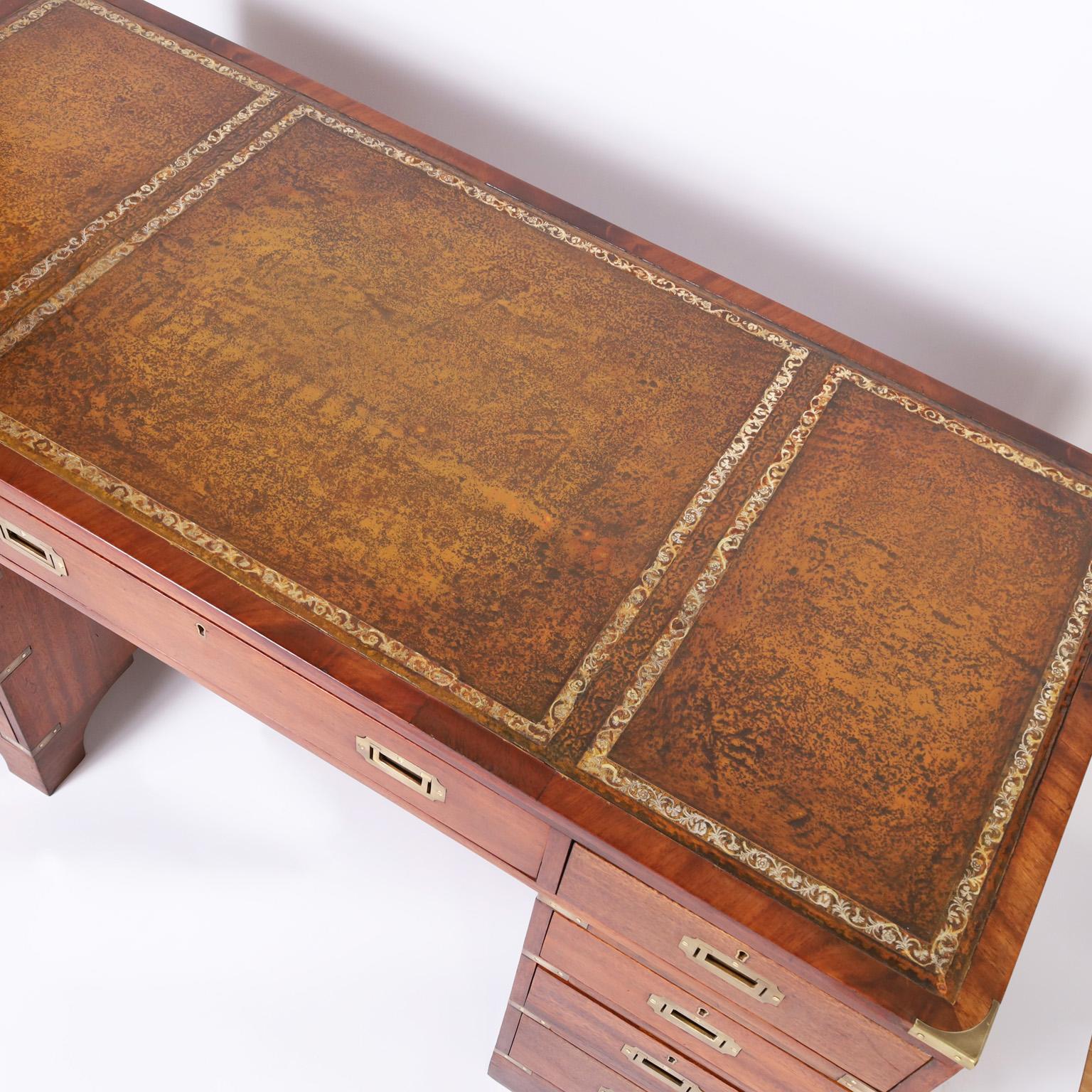 Brass Antique English Campaign Leather Top Desk